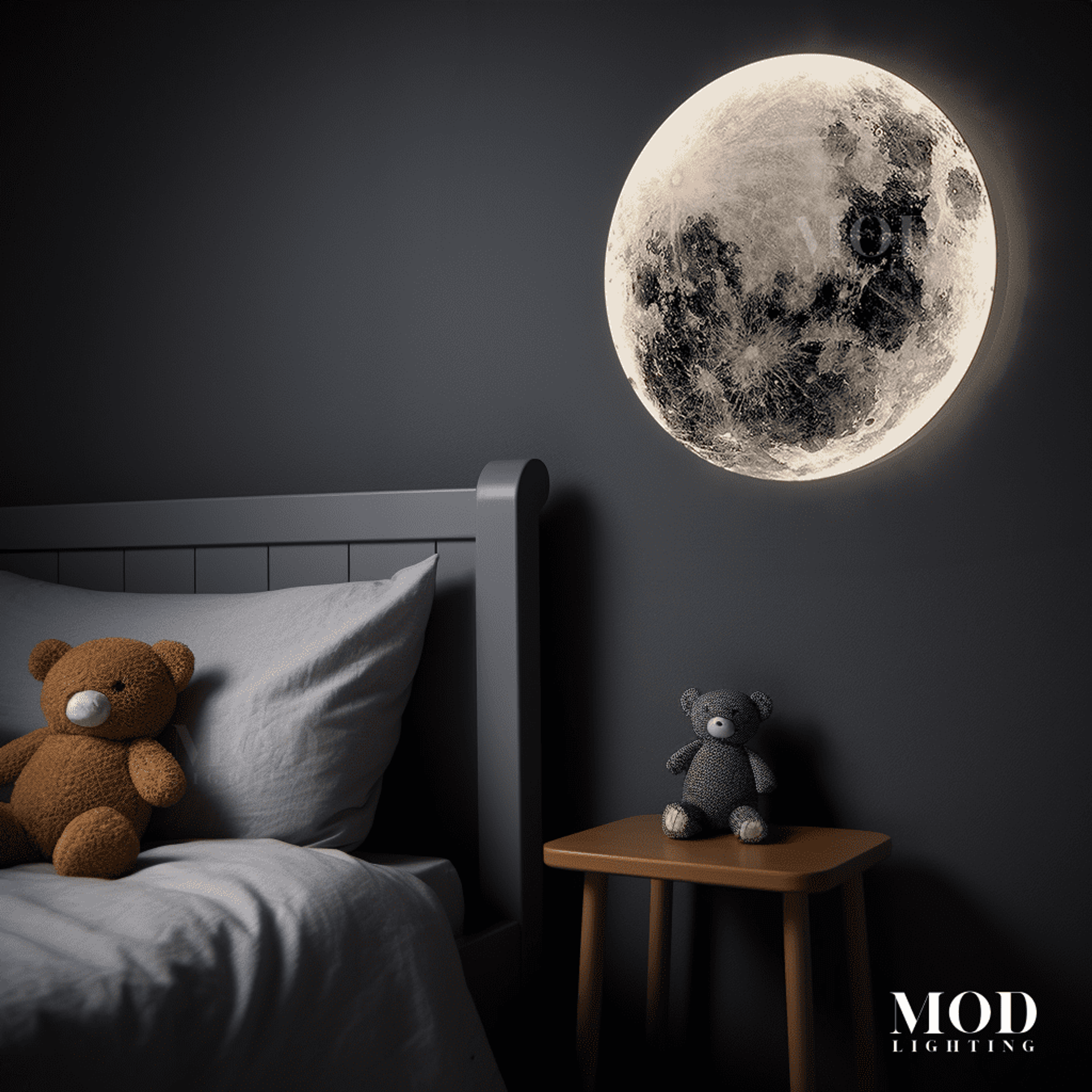 Luna round moon wall light glowing over a nightstand in a dark bedroom