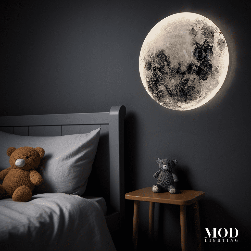 Luna round moon wall light glowing over a nightstand in a dark bedroom