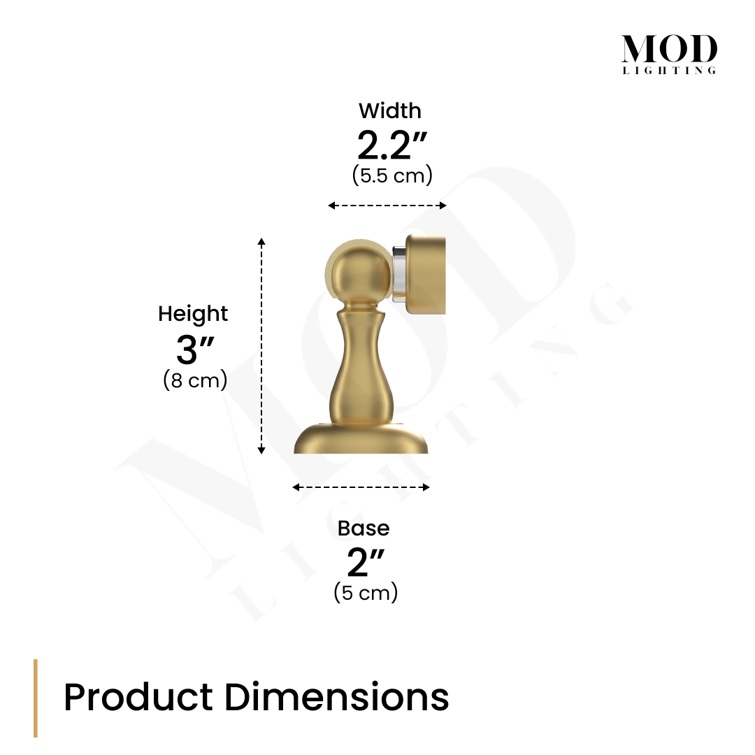 Rivo brushed-gold door stop dimension diagram: 2.2 in width, 3 in height, 2 in base