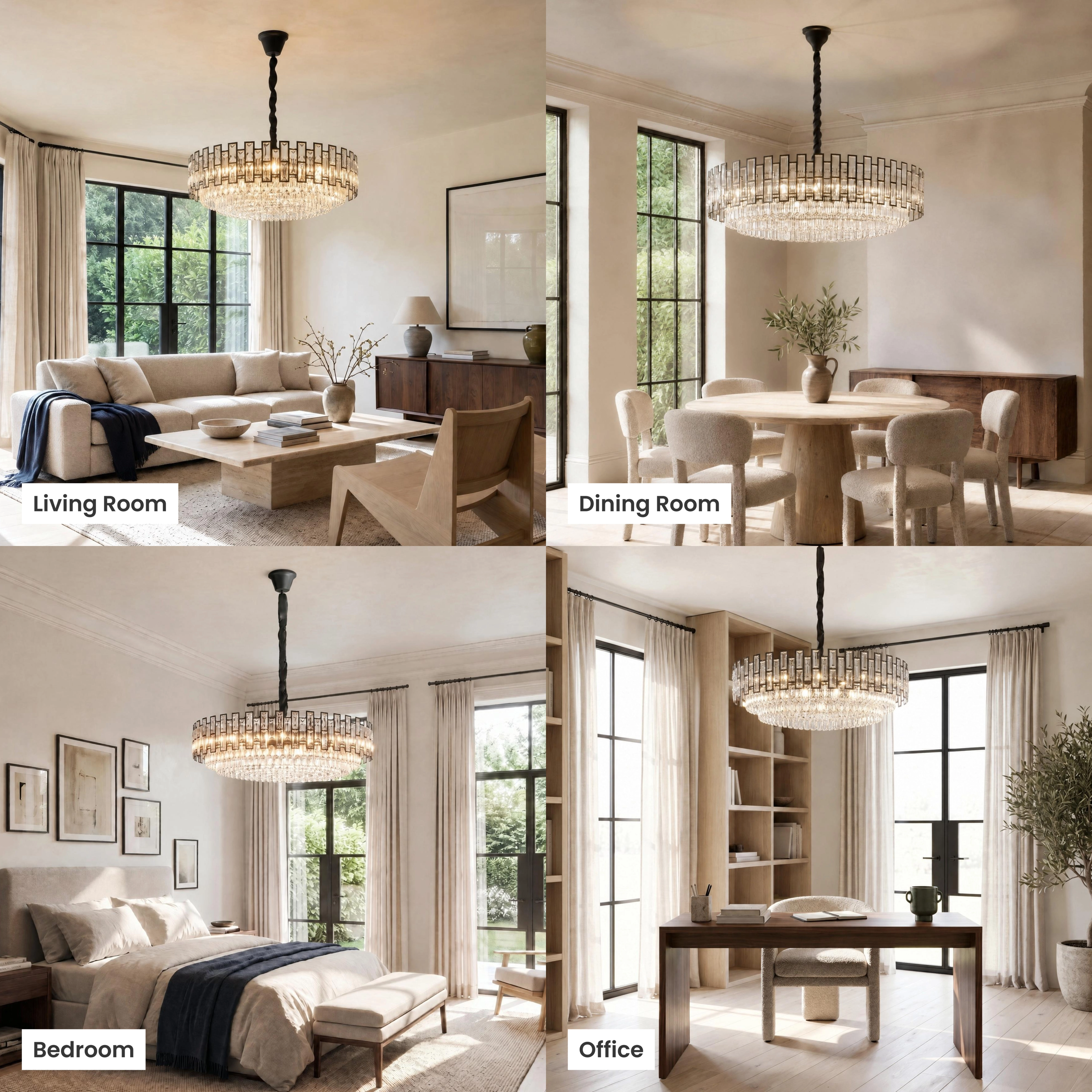 Raven black crystal chandelier shown lit in four settings: living room, dining room, bedroom, commercial