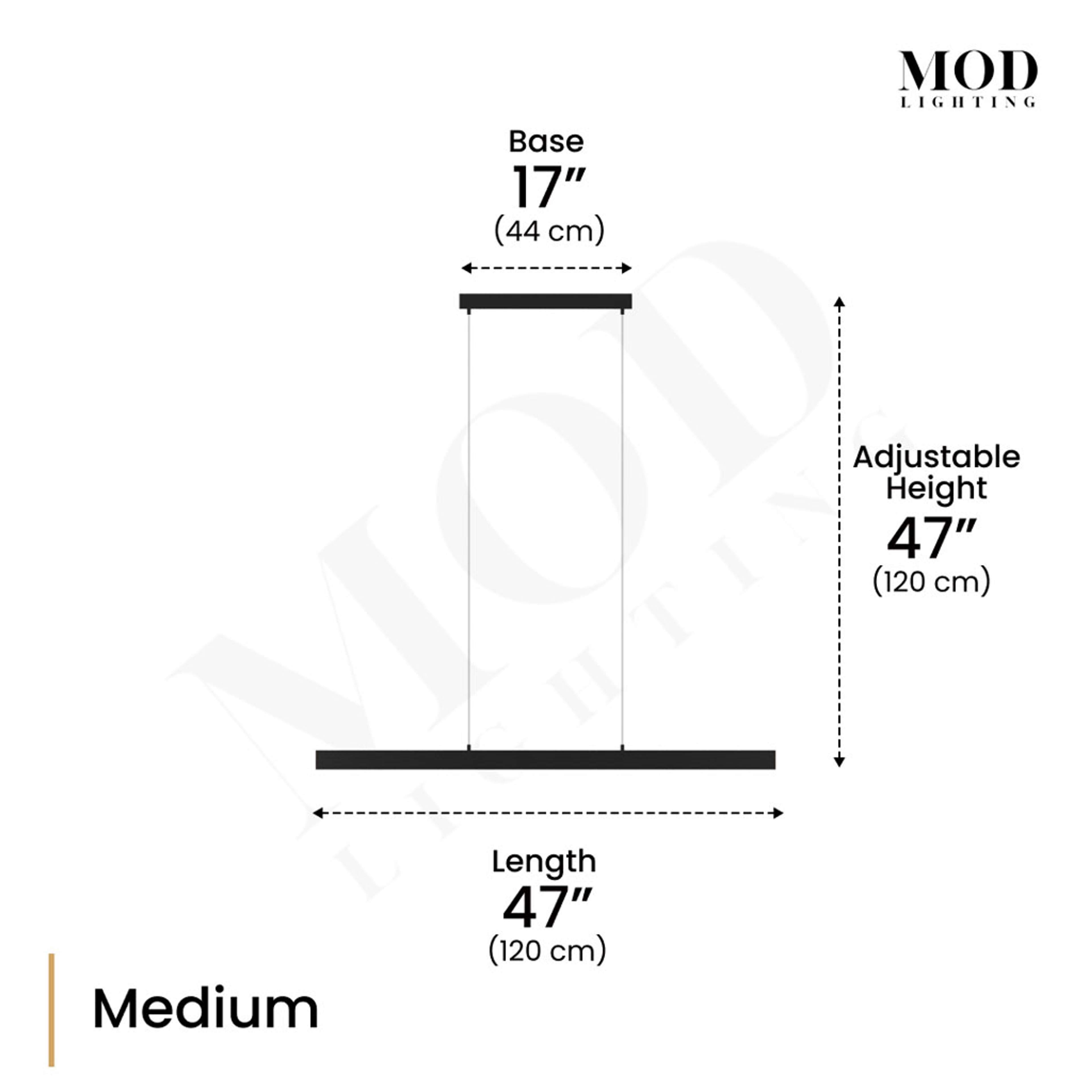 Luka linear bar pendant dimension diagram, medium: 47in length, 17in base, 47in adjustable height