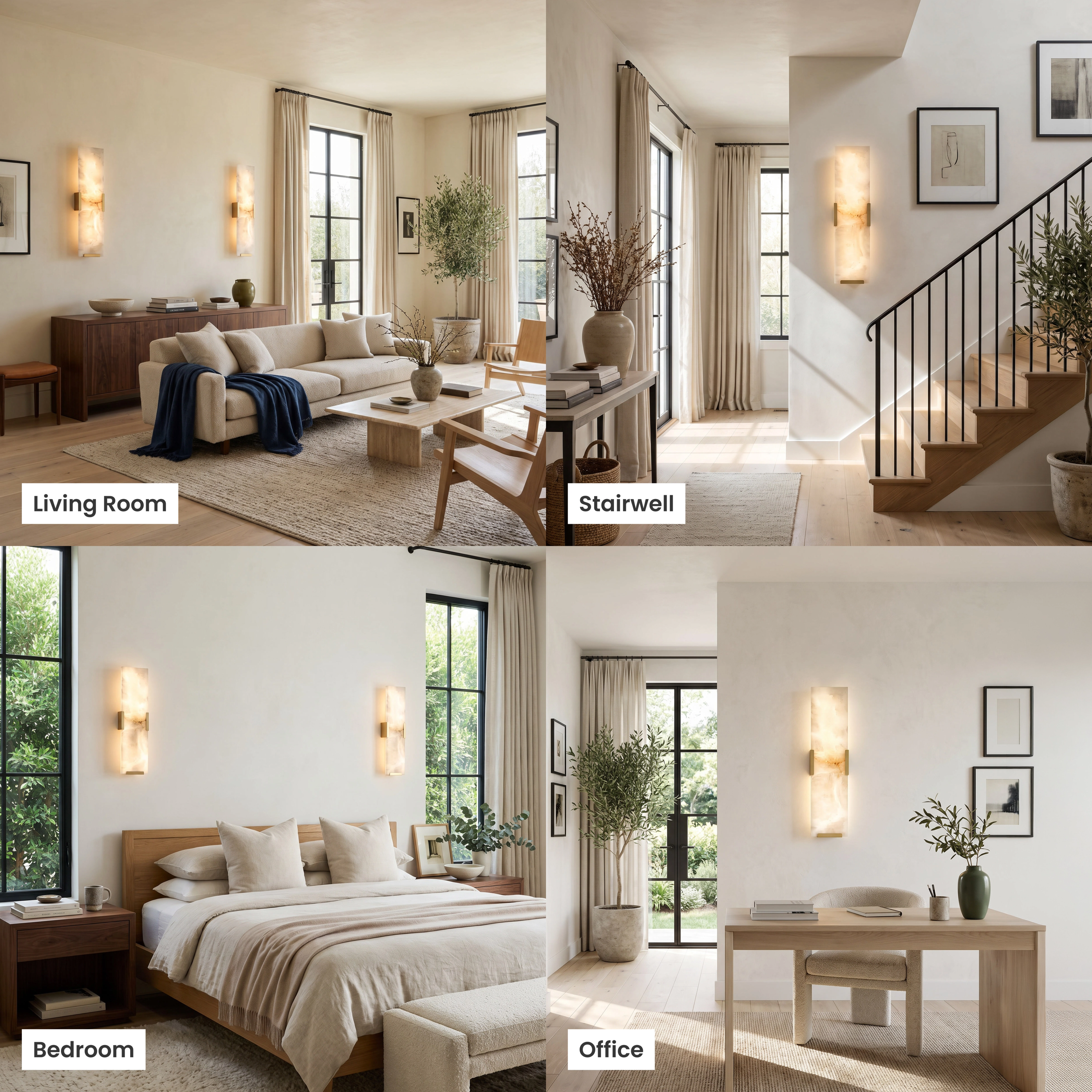Rhea, faceted alabaster sconce on gold, shown in a living room, bedroom, bathroom and commercial space