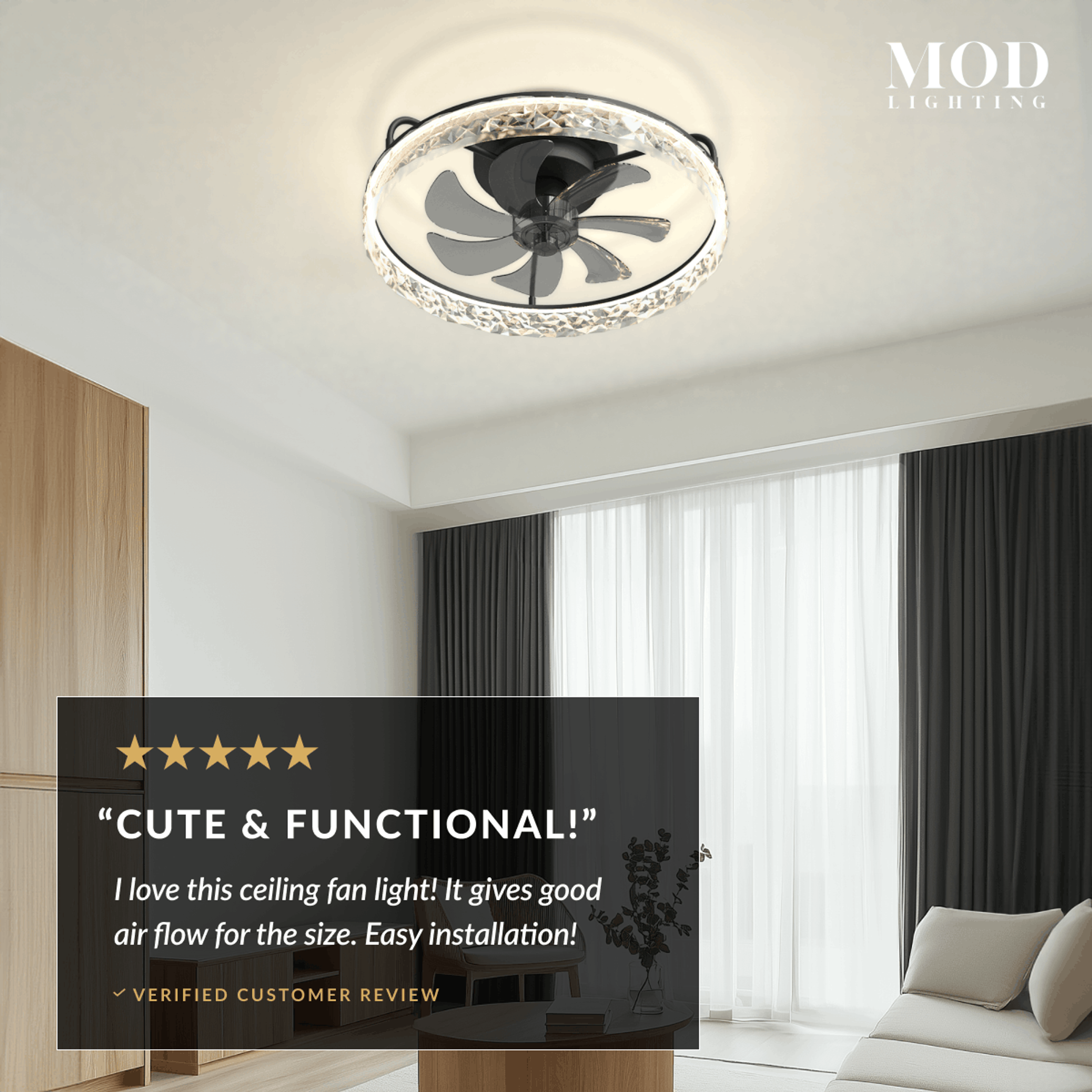 Ventara crystal-ring ceiling fan light in a bedroom with a five-star verified customer review