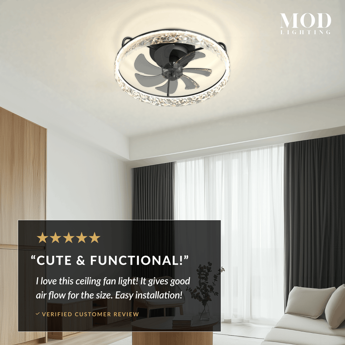 Ventara crystal-ring ceiling fan light in a bedroom with a five-star verified customer review