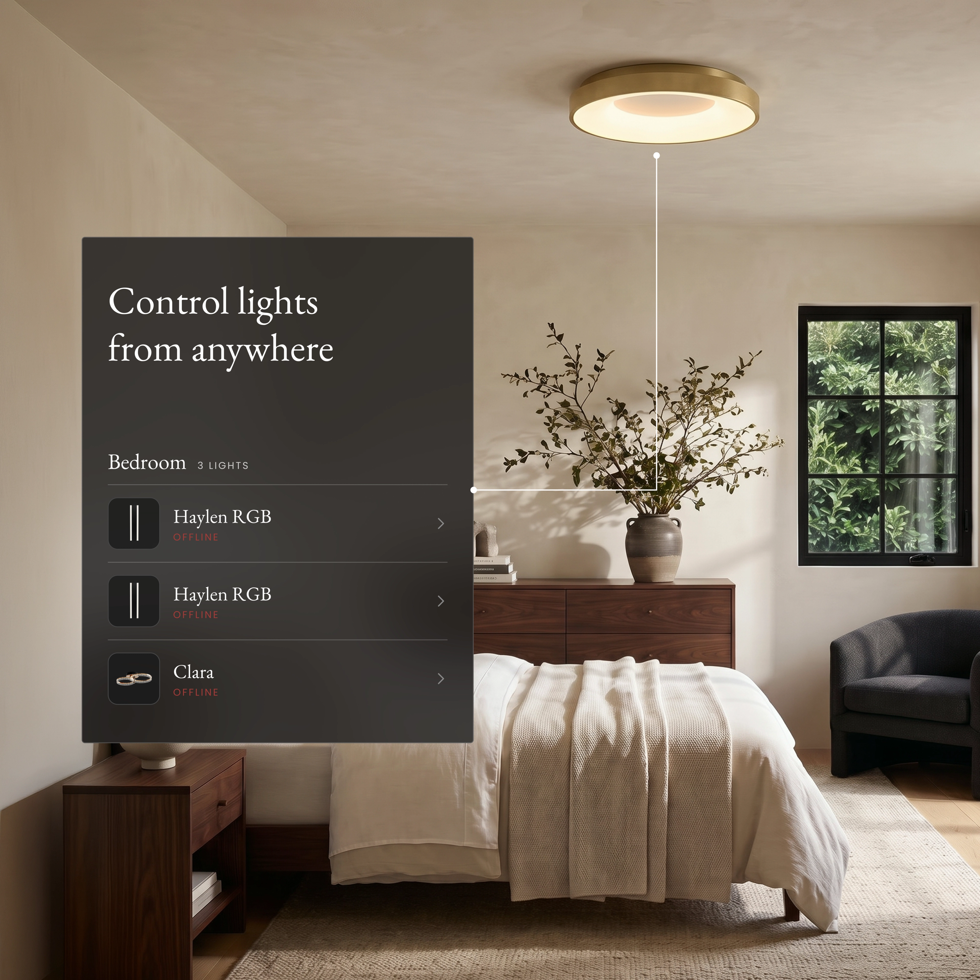 Bryce Smart ceiling light in a bedroom with the app room list for control from anywhere