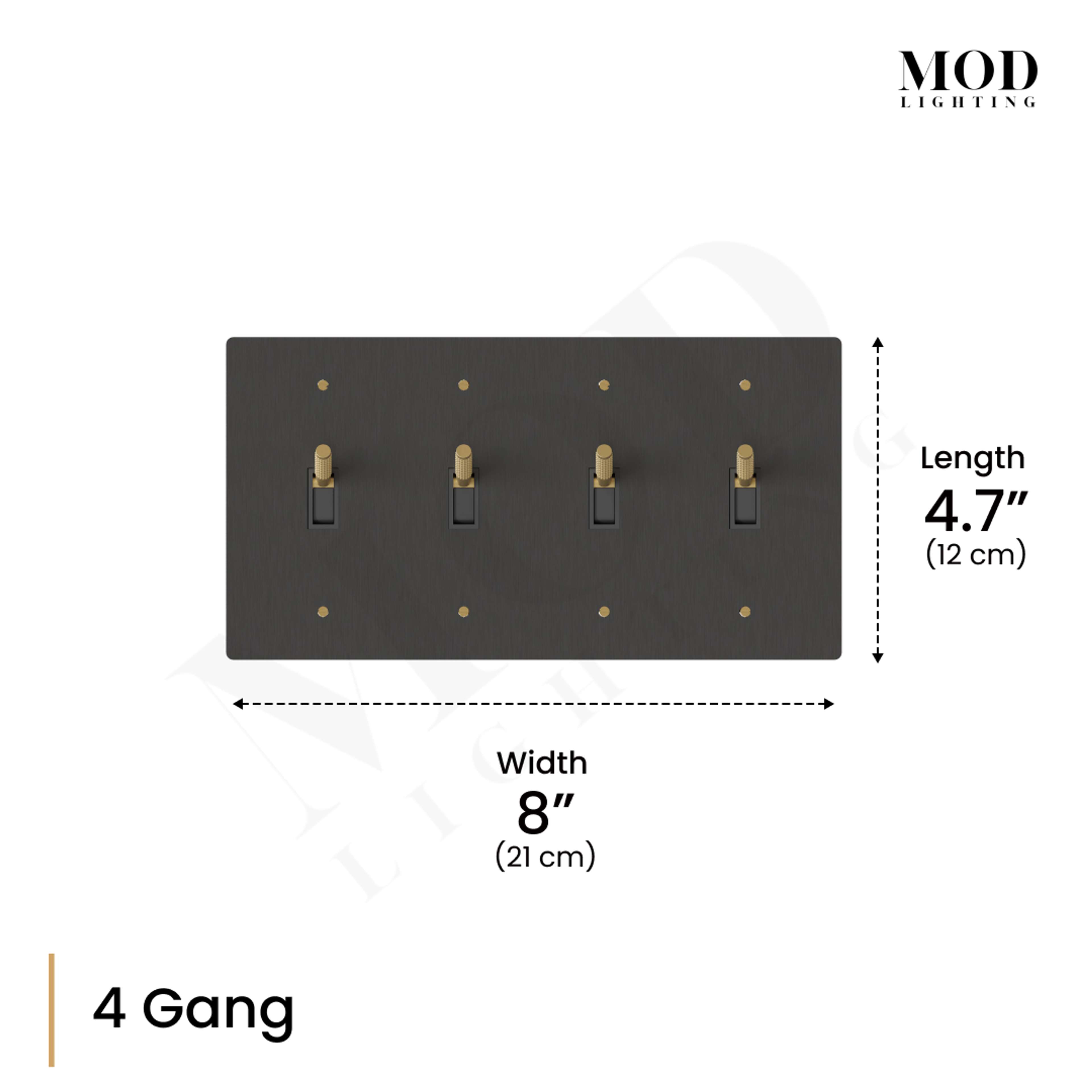 Modern Toggle Switch dimension diagram, 4-gang: 4.7" by 8" black plate with four brass toggles
