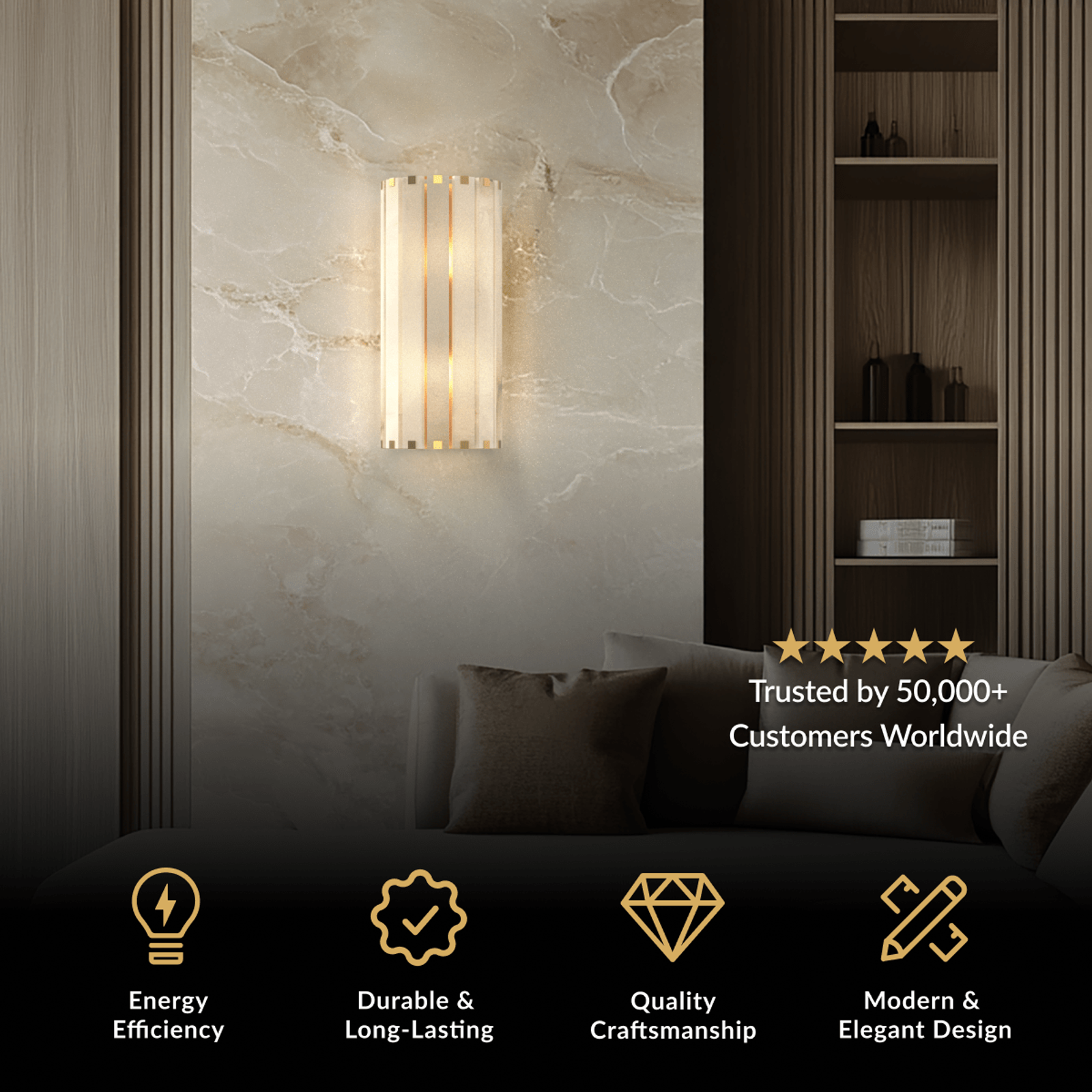 Nala Wall Sconce, vertical stacked alabaster panels in a brushed gold frame on a marble wall