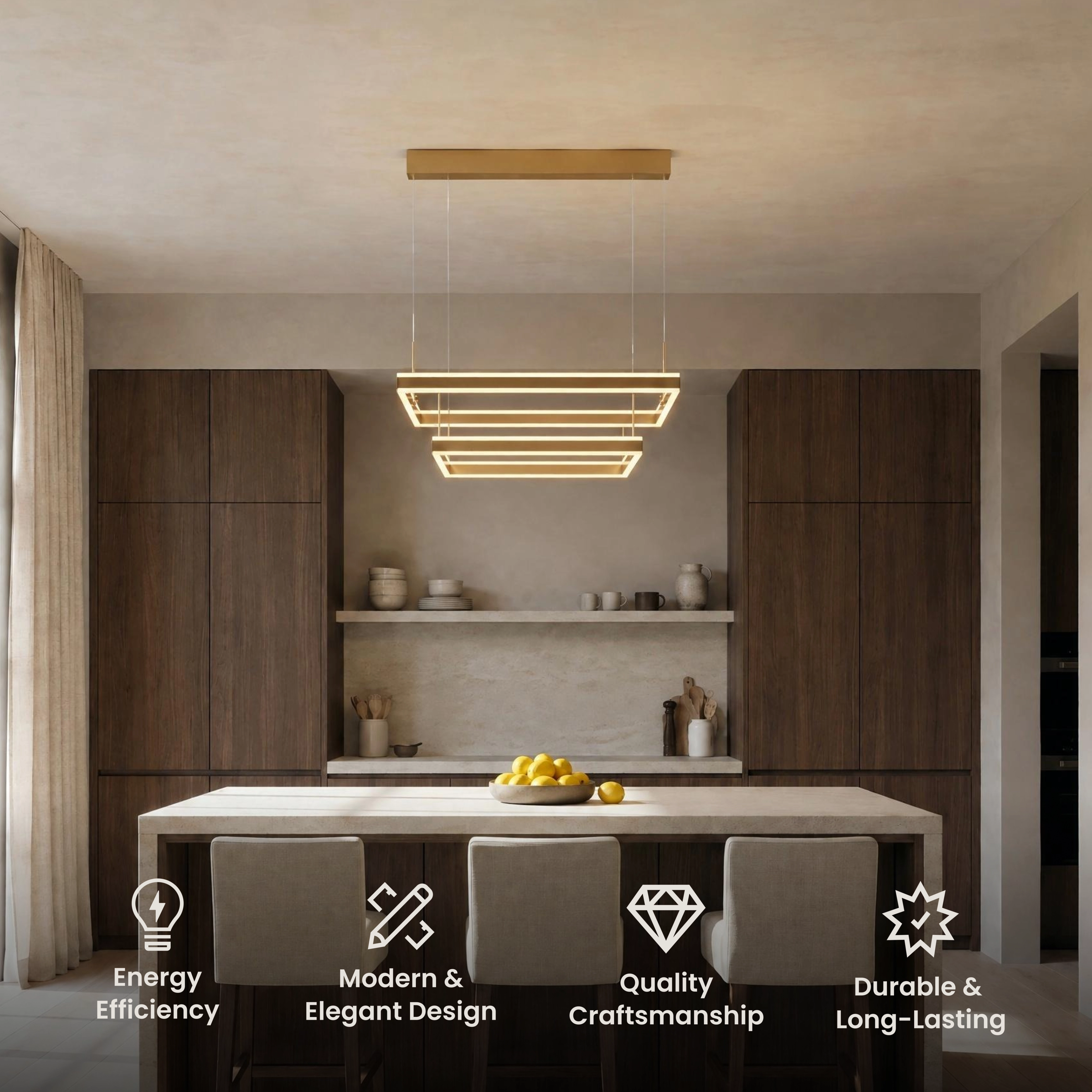 Arcade chandelier, two offset square black frames outlined in warm LED, over a mirror and sofa