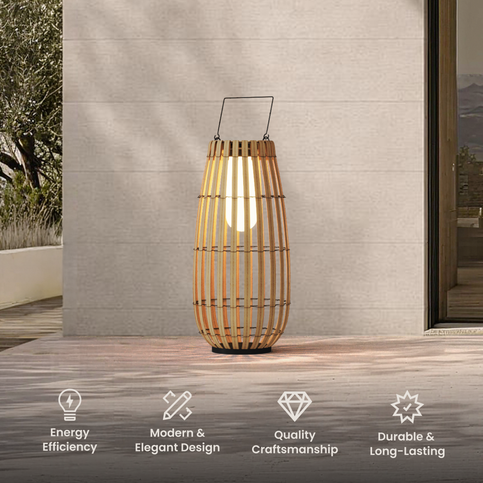 Beam solar lamp, tall bamboo basket-form lantern with a warm glow, on a stone patio