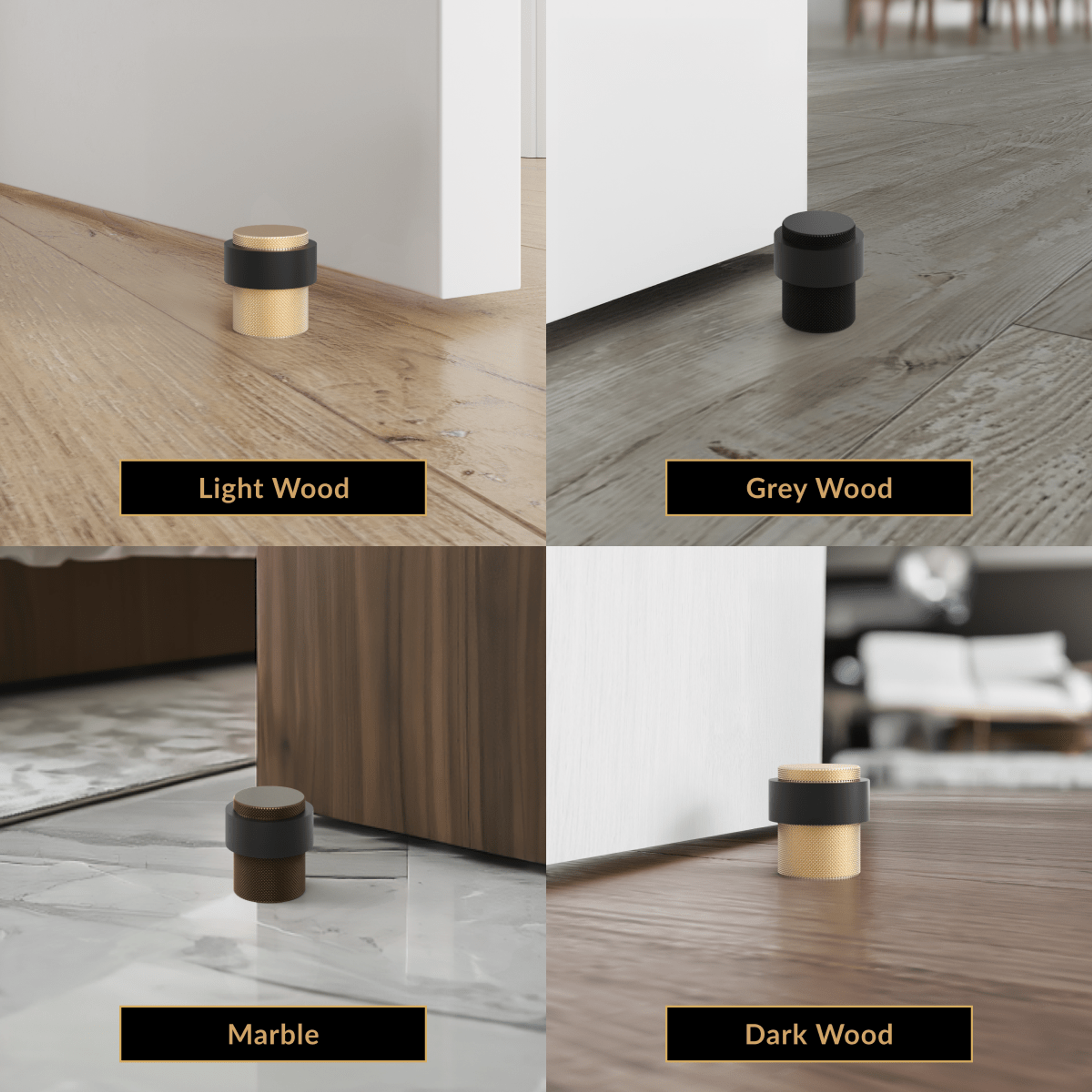 Enso black and gold cylindrical door stop by a door over light wood, grey wood, marble and dark wood