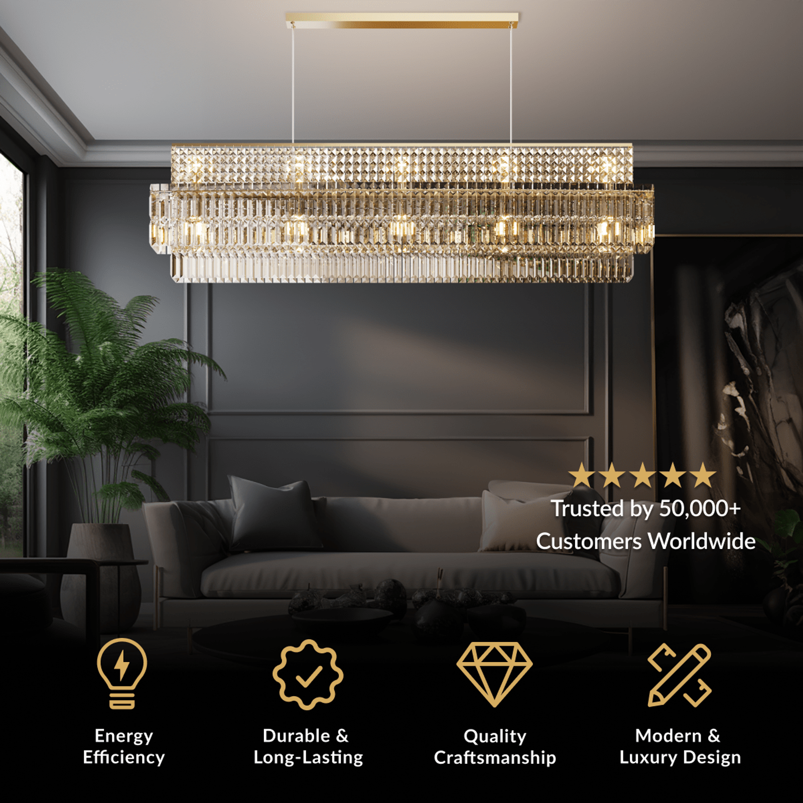 Krystal rectangular chandelier, gold frame with cascading clear crystal strands, over a sofa in a dark room