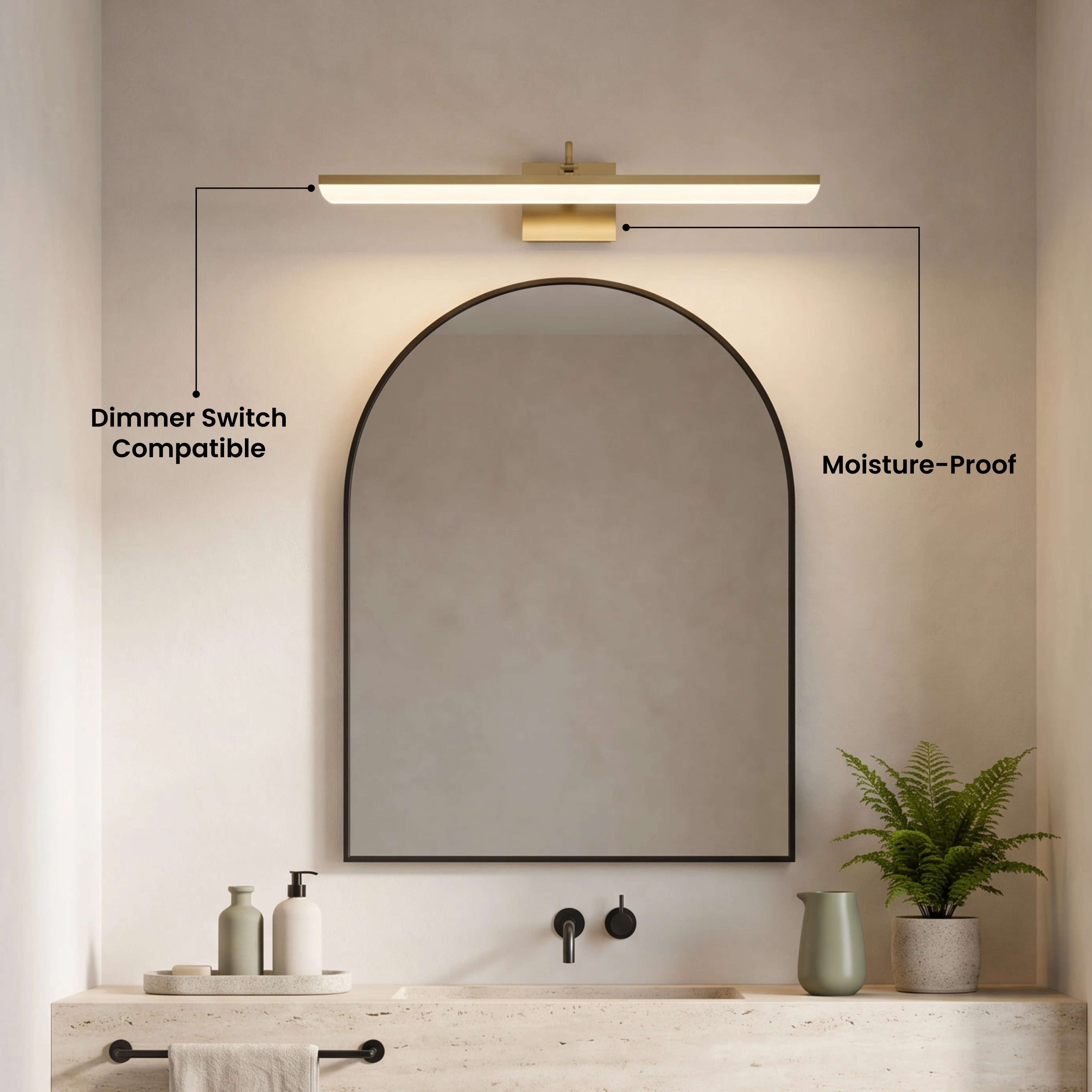 Zena slim black horizontal bar light glowing above a framed mirror in a marble bathroom, with review callout