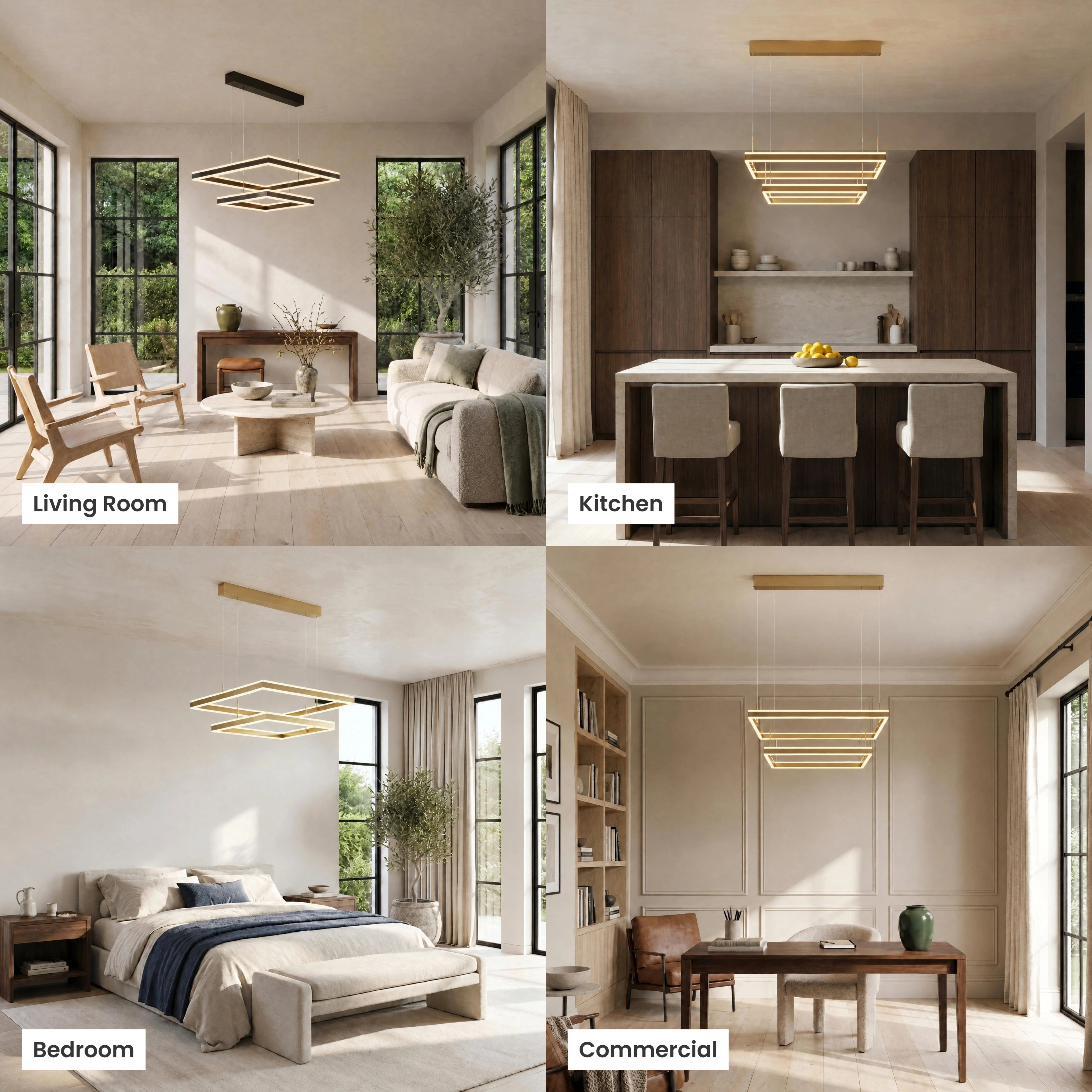 Arcade chandelier of stacked square LED frames shown in living room, kitchen, bedroom and commercial