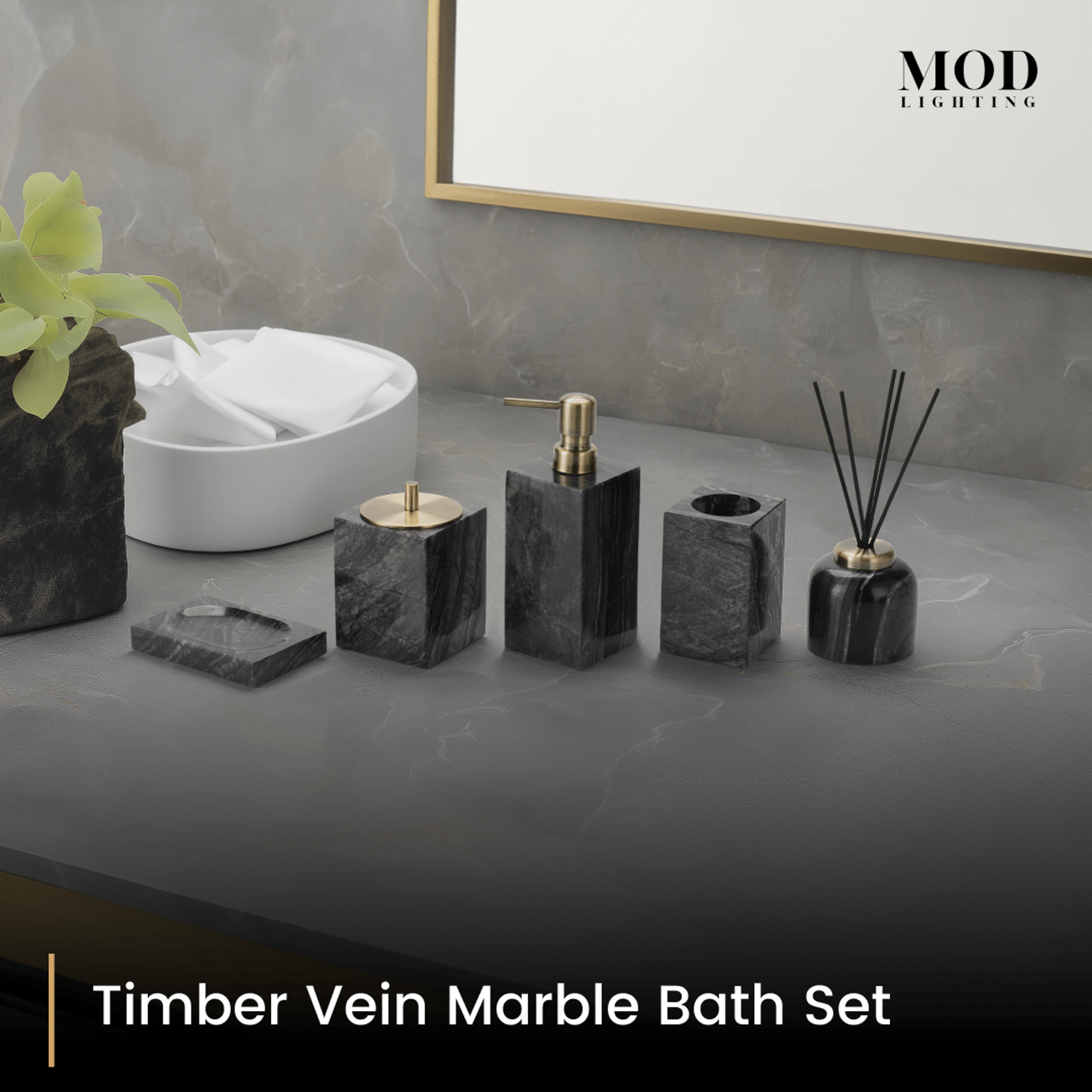 Timber Vein Marble Bath Set: soap dish, cotton jar, soap pump, toothbrush holder and reed diffuser lined up on a counter
