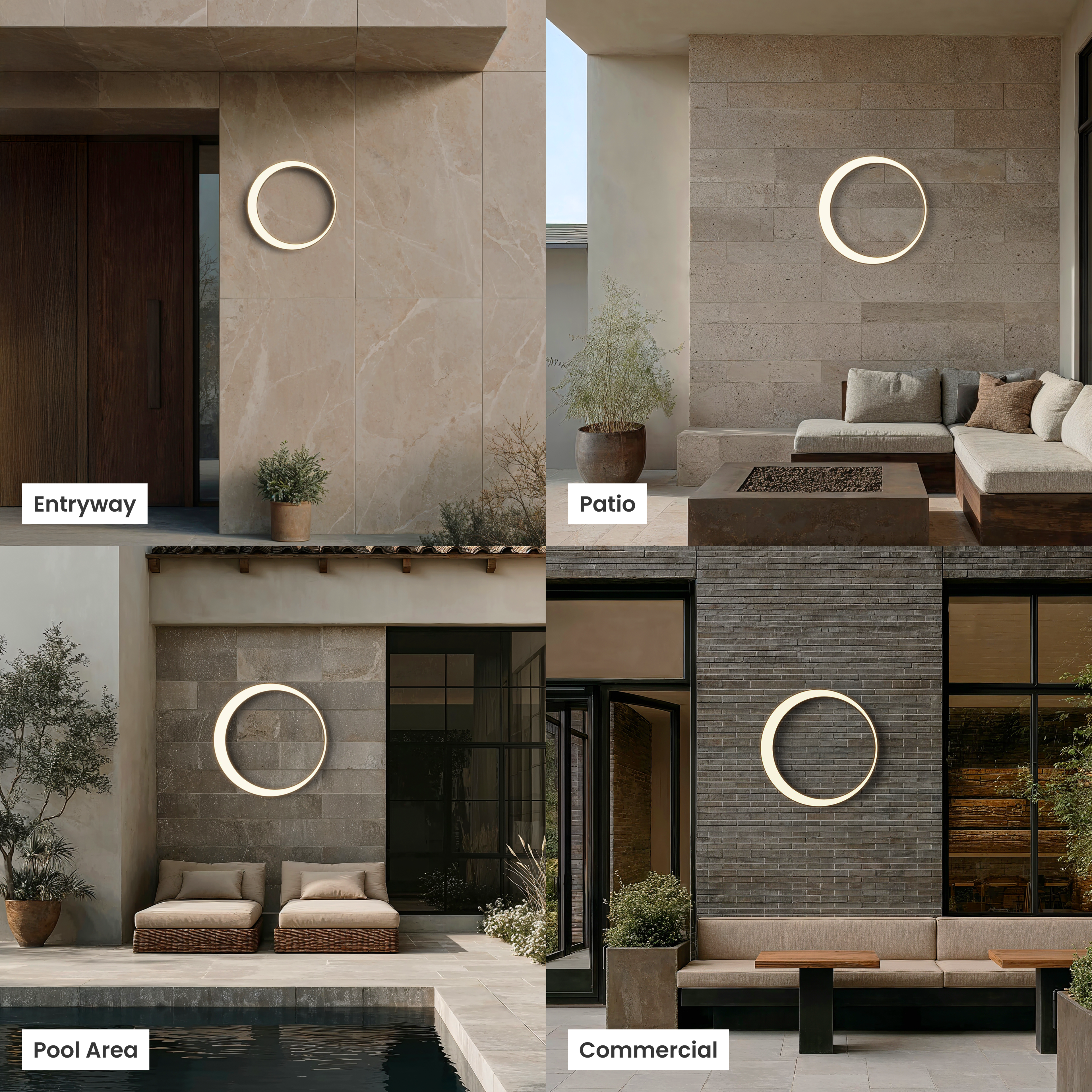 Gleam Smart round LED wall light shown at an entryway, patio, pool area and commercial building