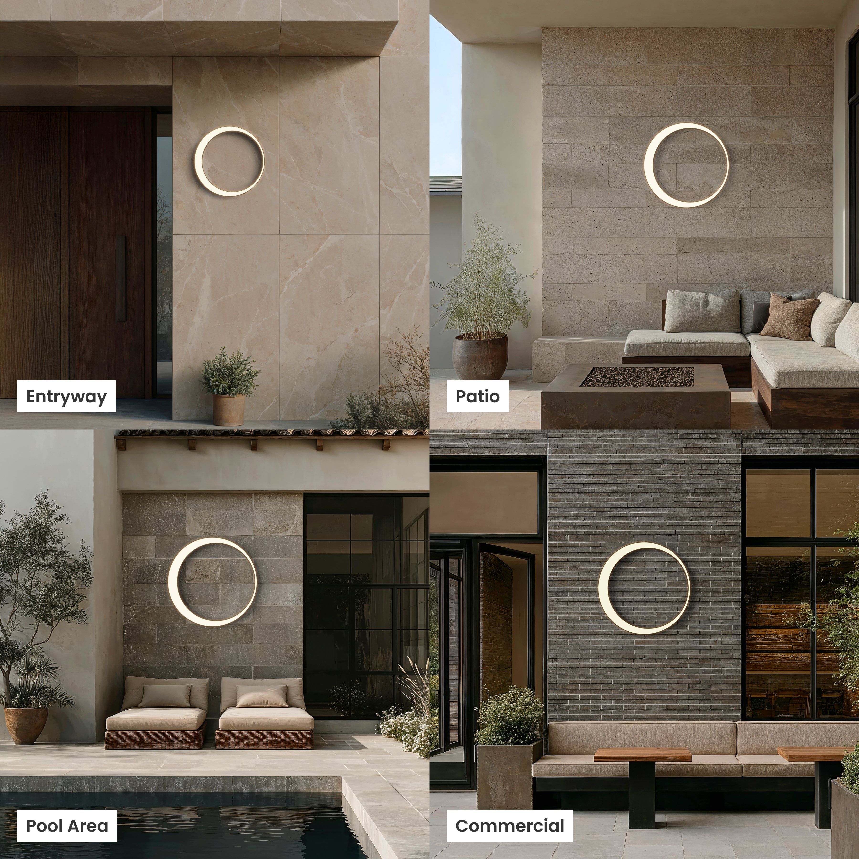 Gleam Smart round LED wall light shown at an entryway, patio, pool area and commercial building