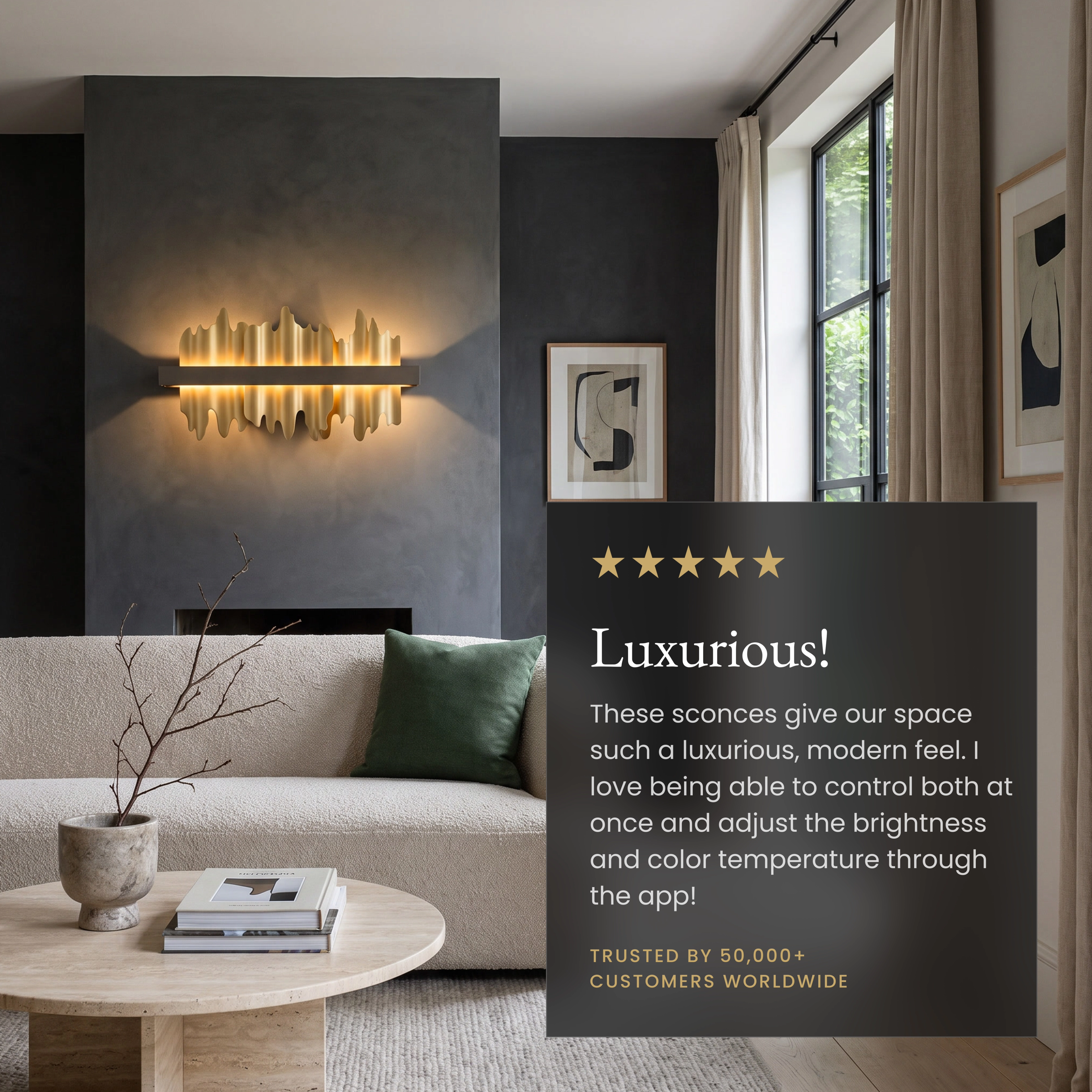 Aurelius Sconce Smart gold crystal wall light on a dark wall with a five-star customer review