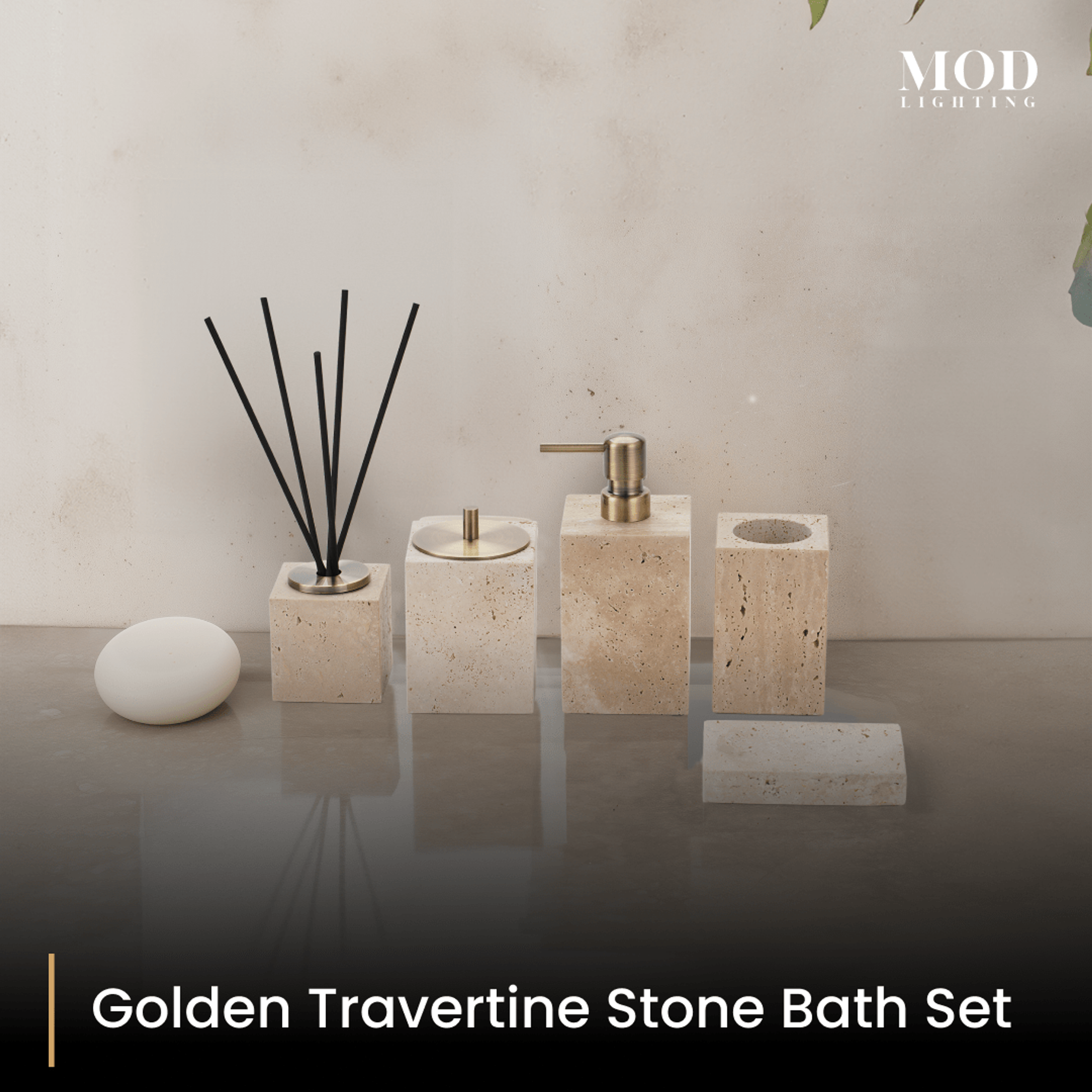 Golden Travertine Stone Bath Set: reed diffuser, cotton jar, soap pump and toothbrush holder lined up on a counter