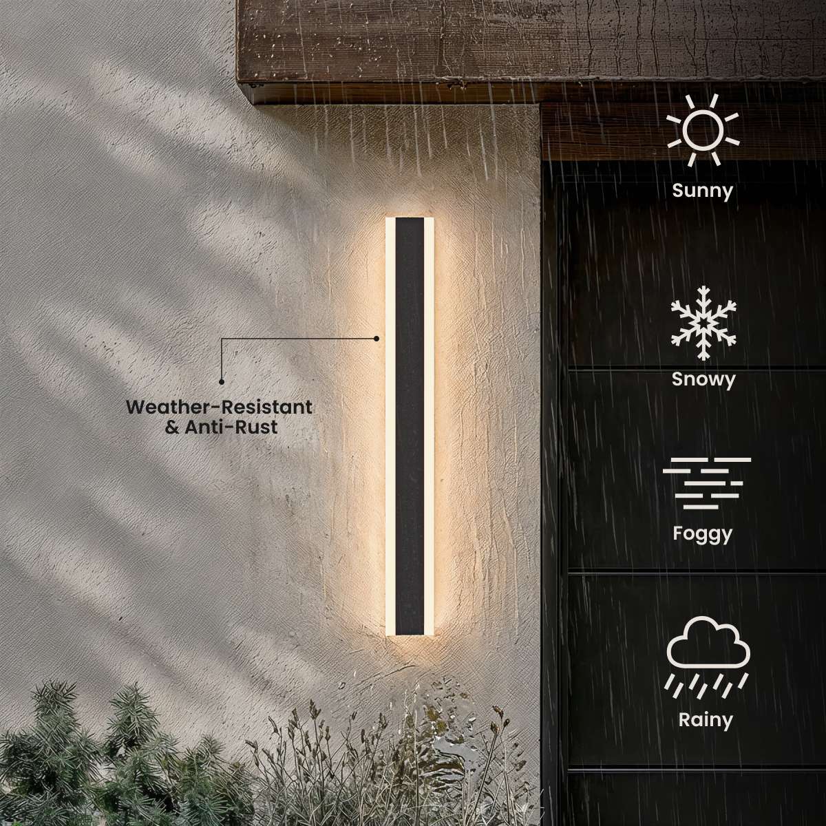 Haylen black linear LED wall light glowing warm on a textured exterior wall, weather-resistant and anti-rust