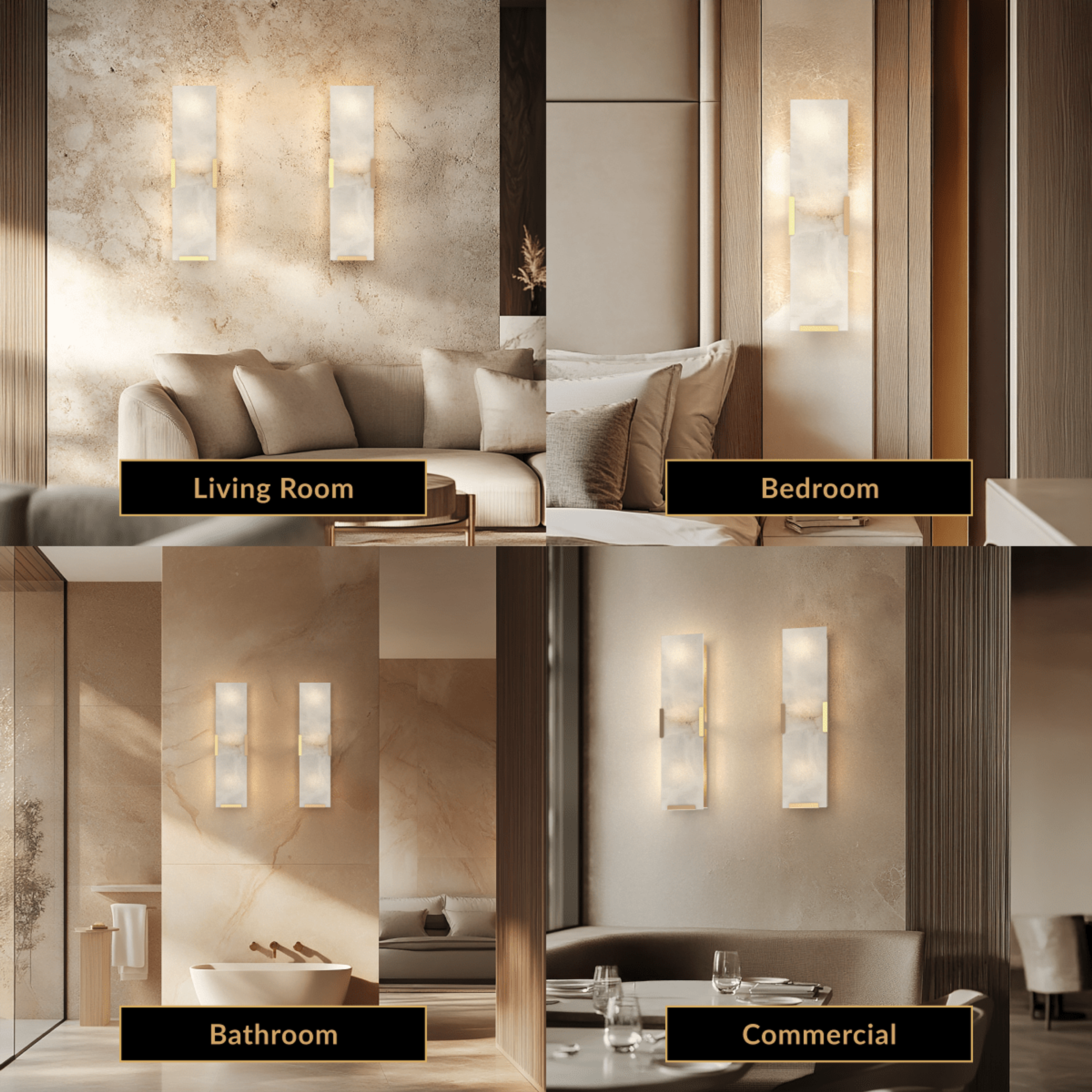 Rhea, faceted alabaster sconce on gold, shown in a living room, bedroom, bathroom and commercial space