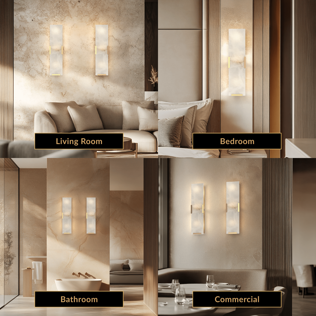 Rhea, faceted alabaster sconce on gold, shown in a living room, bedroom, bathroom and commercial space