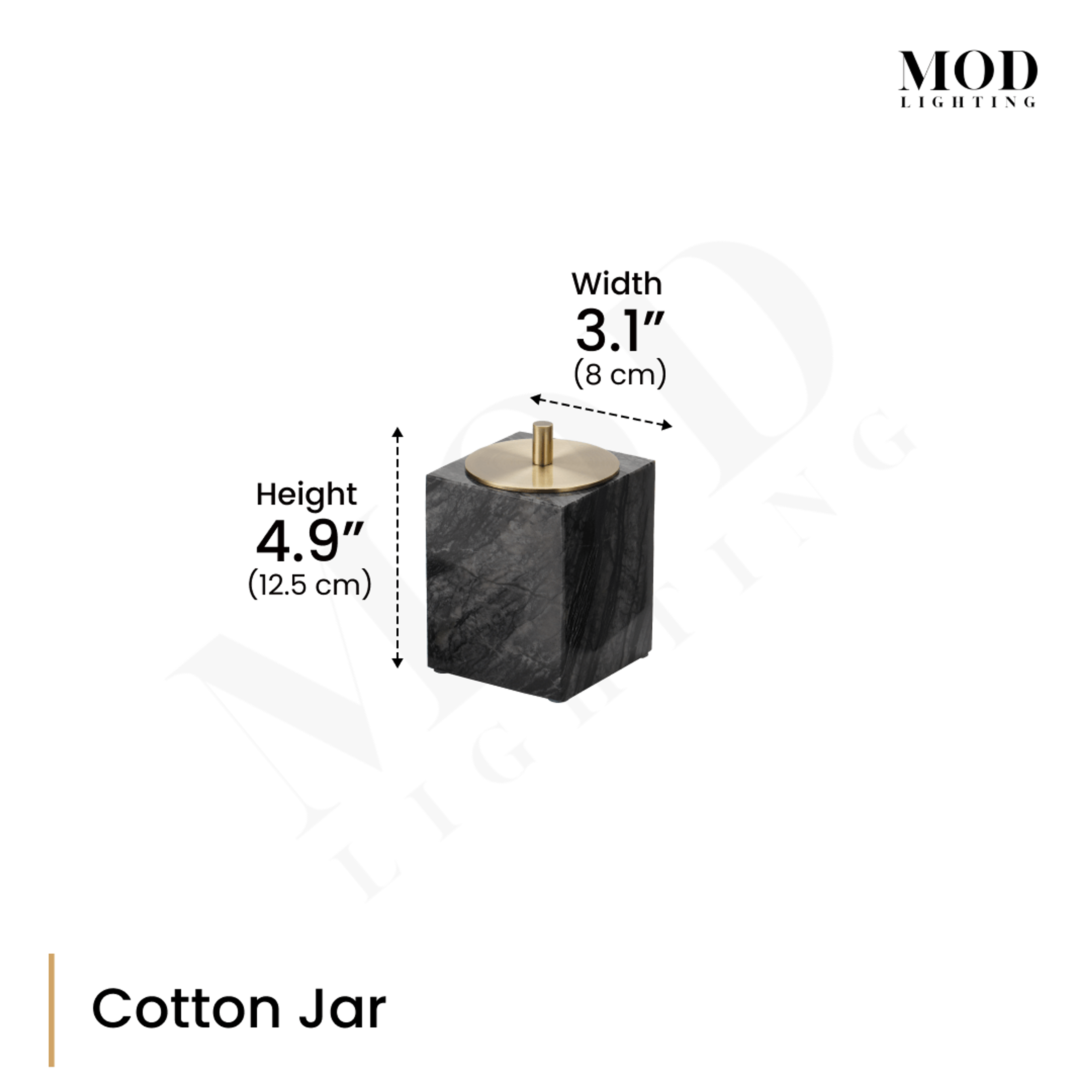 Timber Vein black marble cotton jar with brass-knob lid, dimension diagram: 4.9" (12.5 cm) height, 3.1" (8 cm) width
