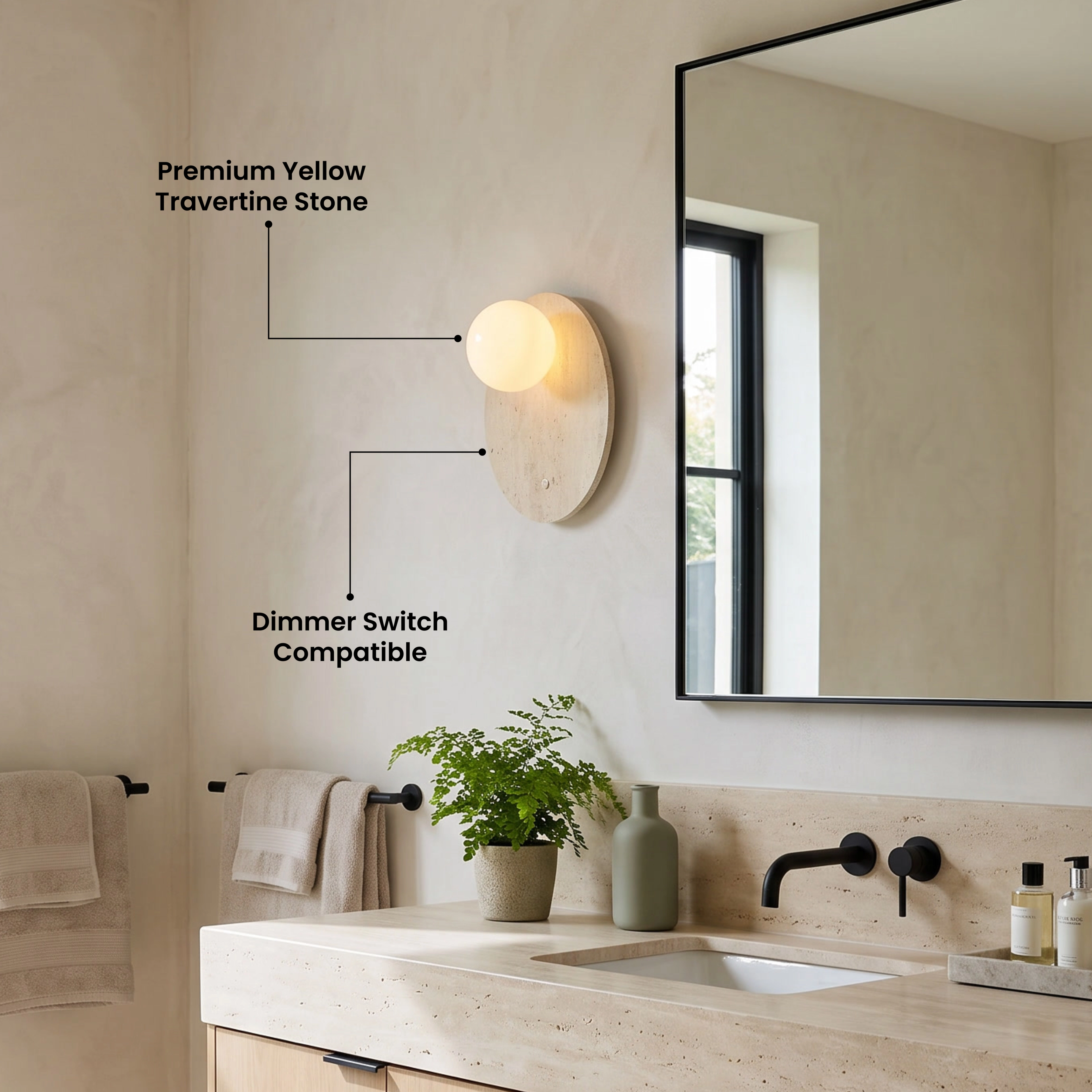 Arabella Sconce travertine stone wall light, stone disc with frosted glass orb above a nightstand, with feature callouts