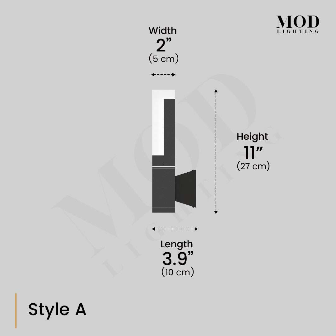 Falcon black outdoor sconce Style A dimension diagram, up-down bar 2 in wide, 11 in high, 3.9 in deep