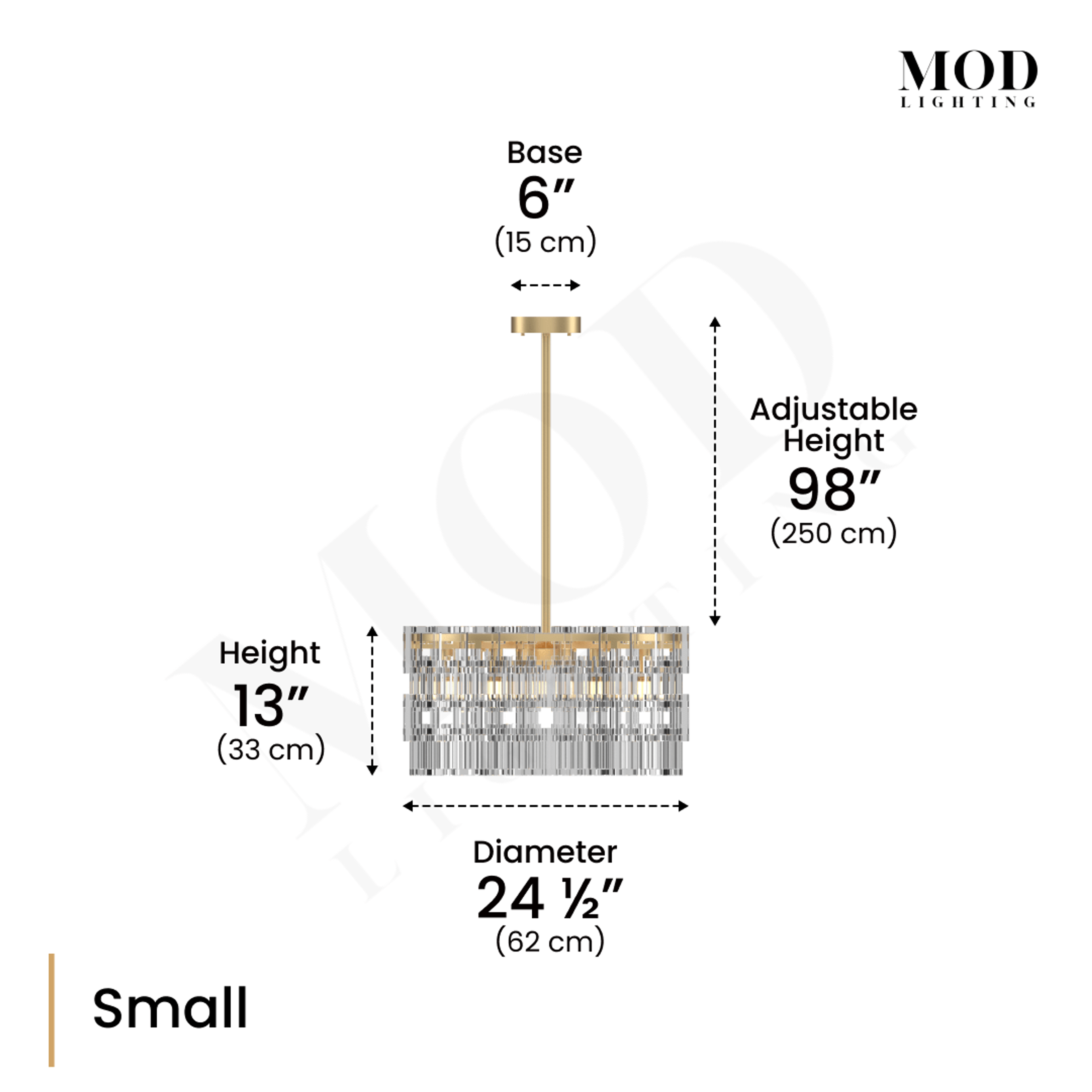 Radiance brass crystal chandelier dimension diagram, layered drum of clear crystal rods, Small size specs