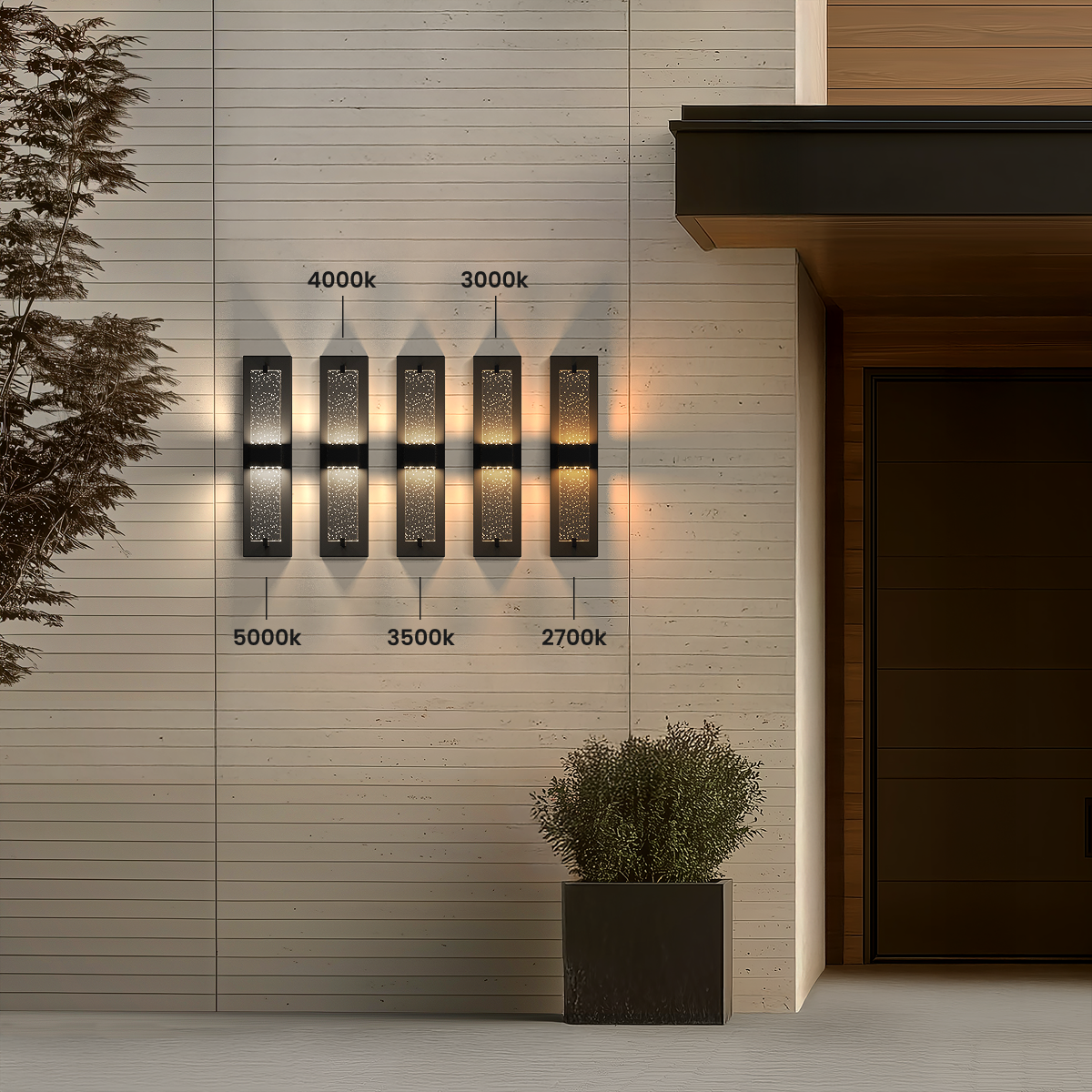 Noir black outdoor sconce shown in five color temperatures from 2700K to 5000K on an exterior wall