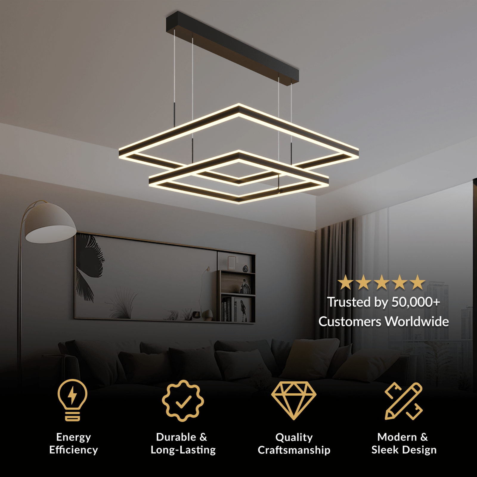 Arcade chandelier, two offset square black frames outlined in warm LED, over a mirror and sofa