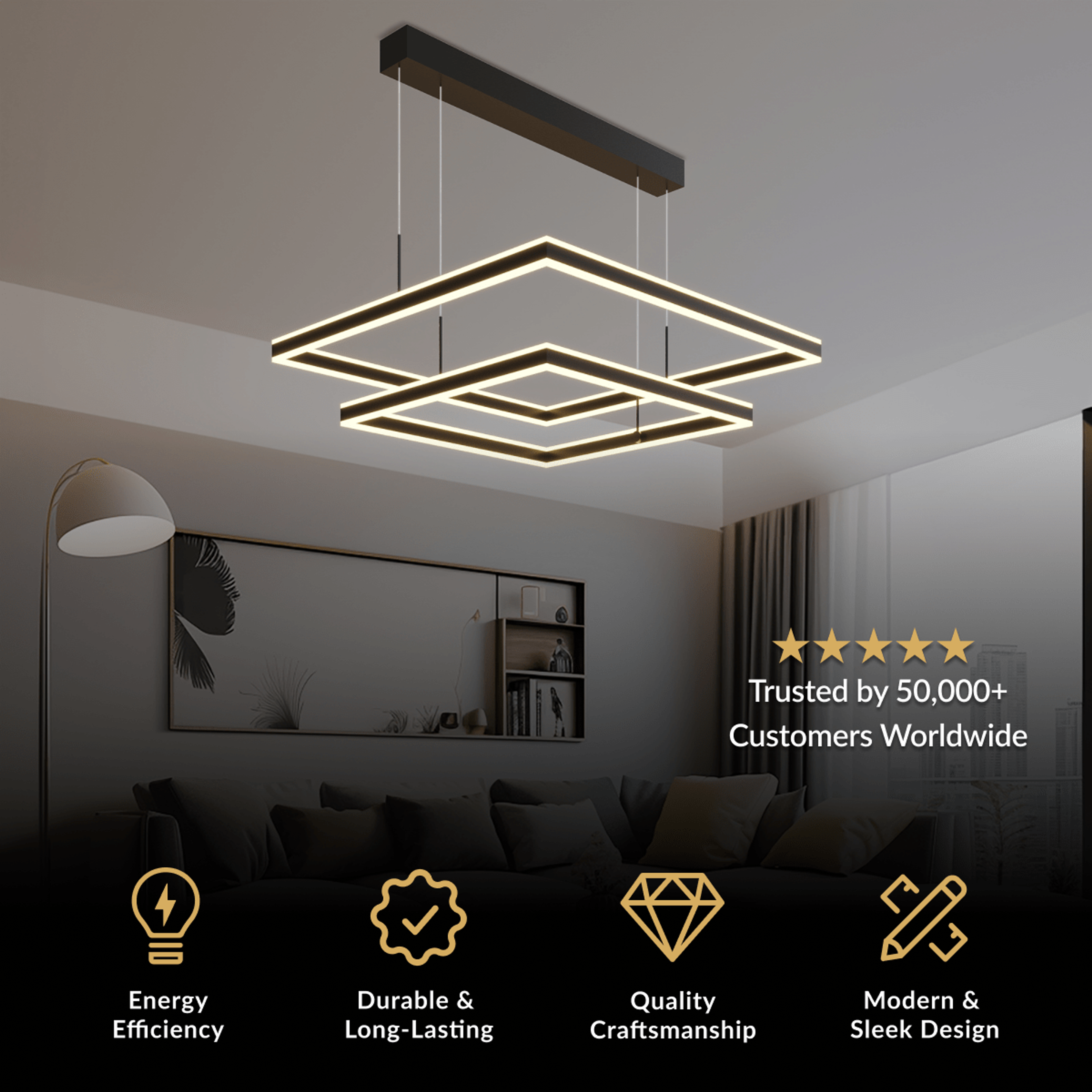 Arcade chandelier, two offset square black frames outlined in warm LED, over a mirror and sofa
