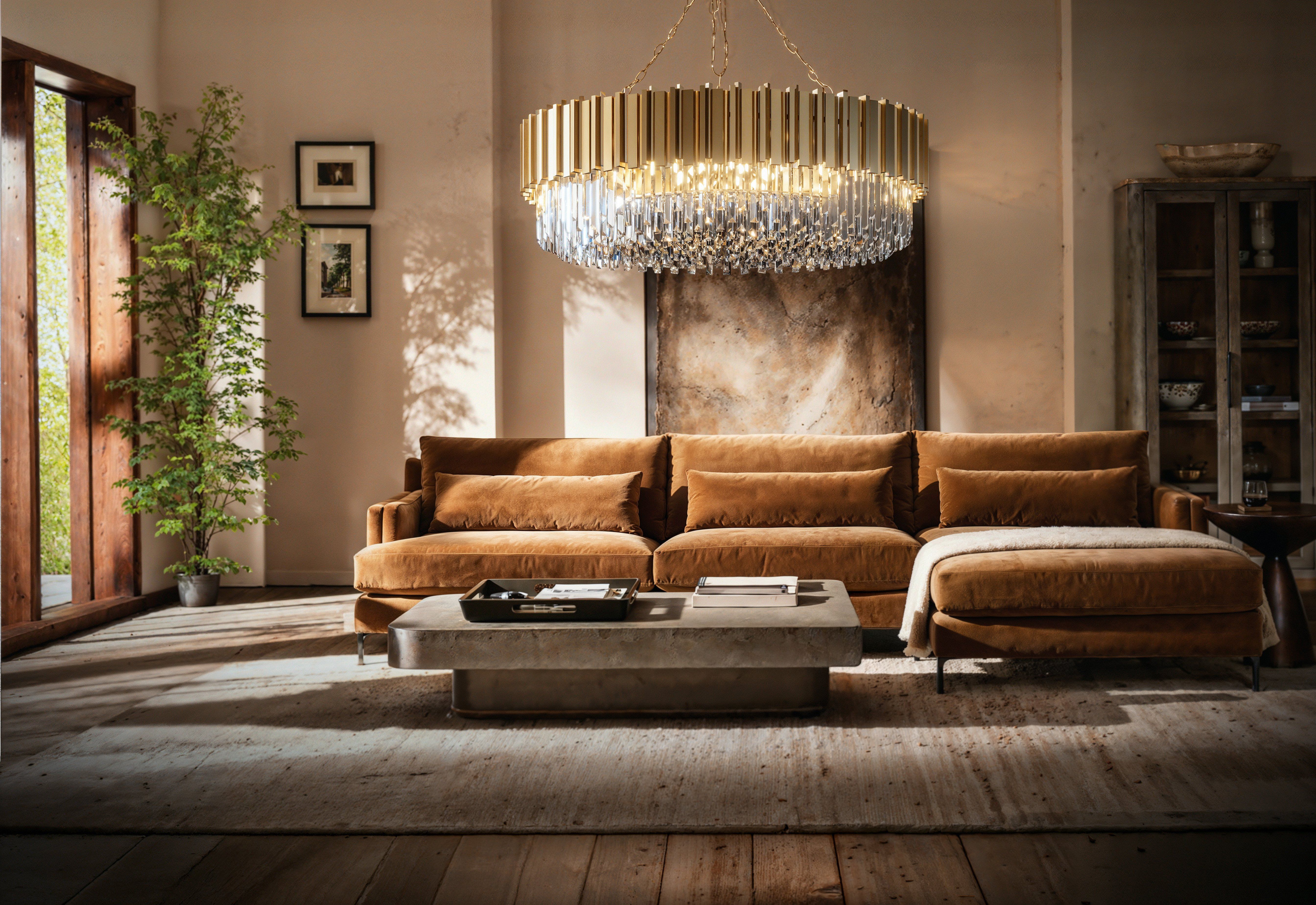 A MOD LIGHTING crystal chandelier over a living room sofa