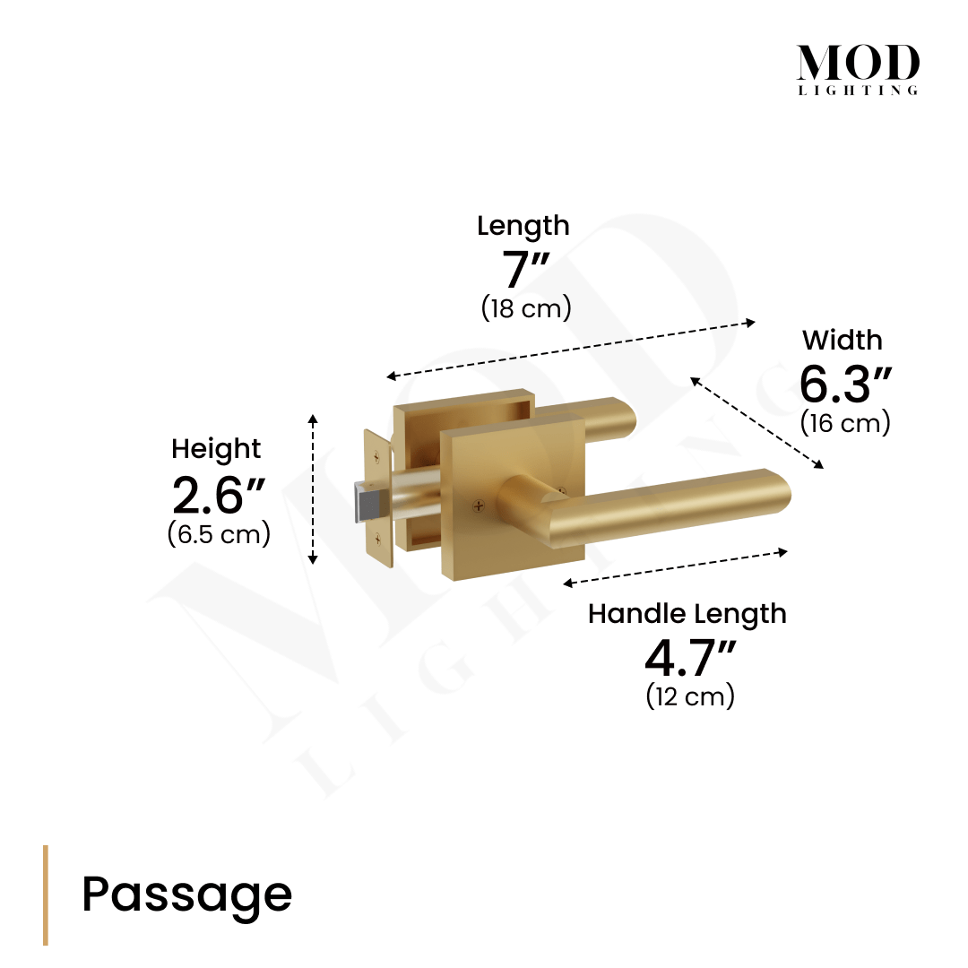 Lennox door handle passage-set dimension diagram, brushed-gold lever with 7 in length and 4.7 in handle callouts