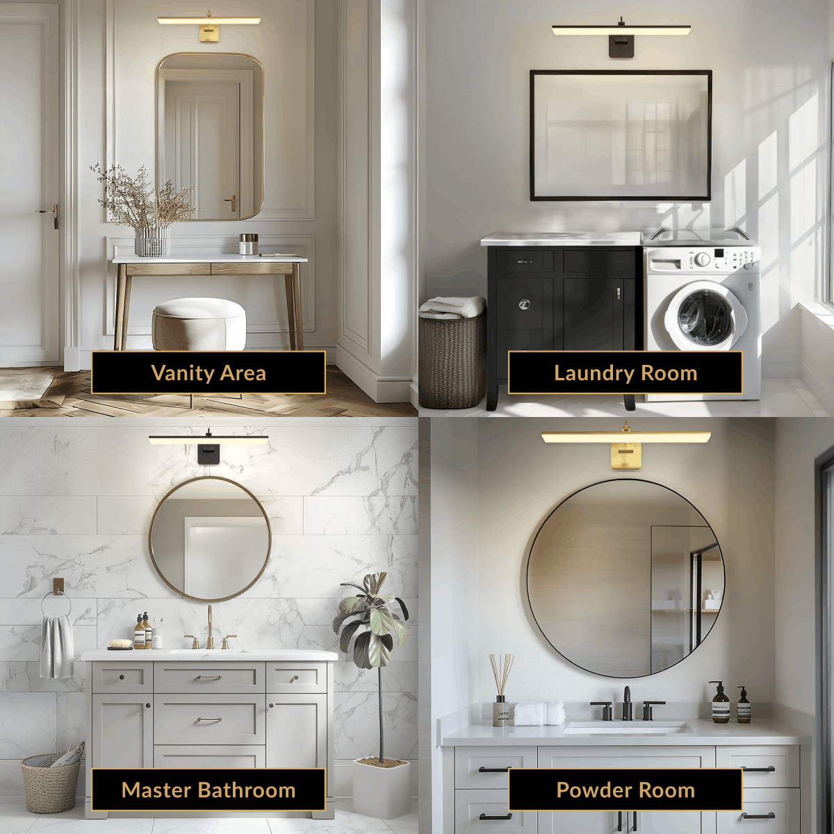 Zena slim horizontal bathroom bar light in brushed gold and matte black, shown in four bathroom and laundry settings