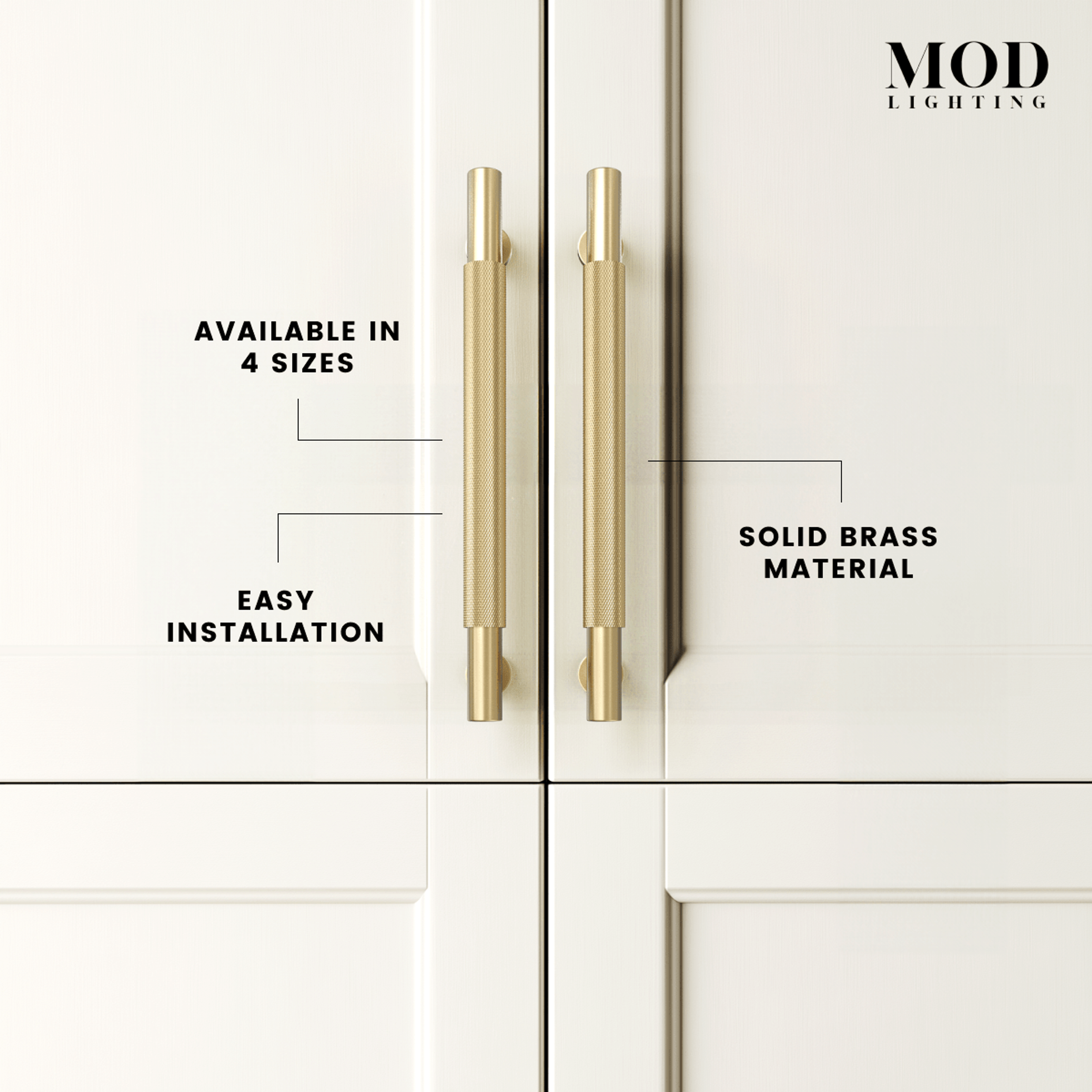 Wellesley brushed-gold knurled cabinet pulls on white doors, labeled solid brass, 4 sizes, easy installation