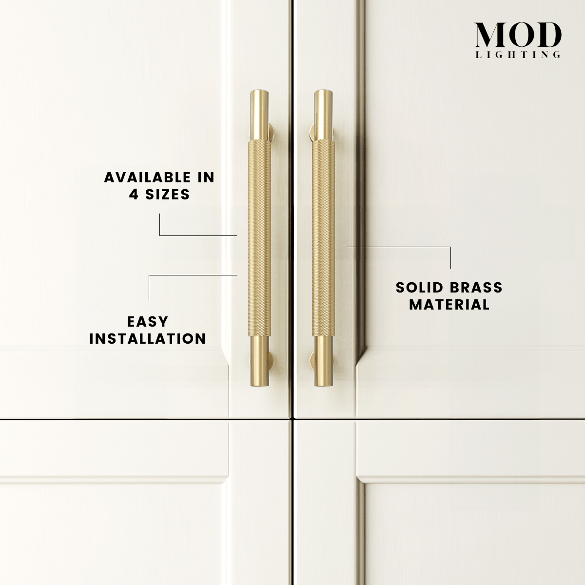 Wellesley brushed-gold knurled cabinet pulls on white doors, labeled solid brass, 4 sizes, easy installation