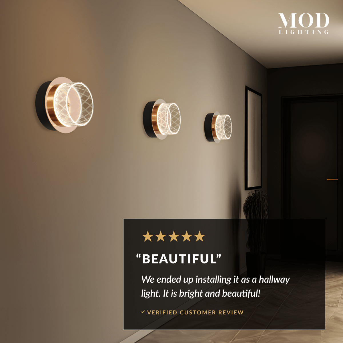 Emma round crystal-ring sconces lining a hallway wall, with a five-star customer review overlay