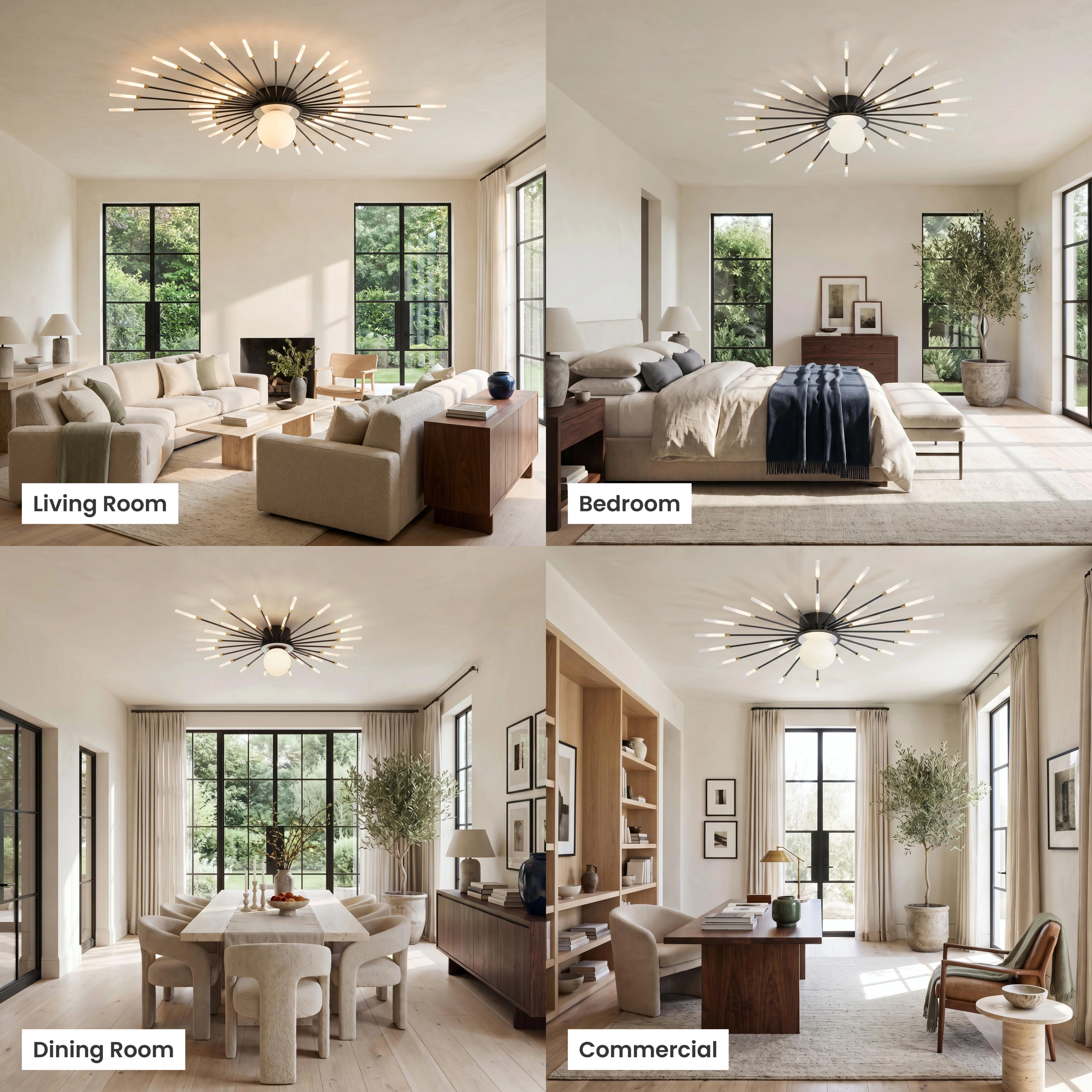 Seashell ceiling light, radiating spiral of thin white LED blades mounted flush over a living room and bed