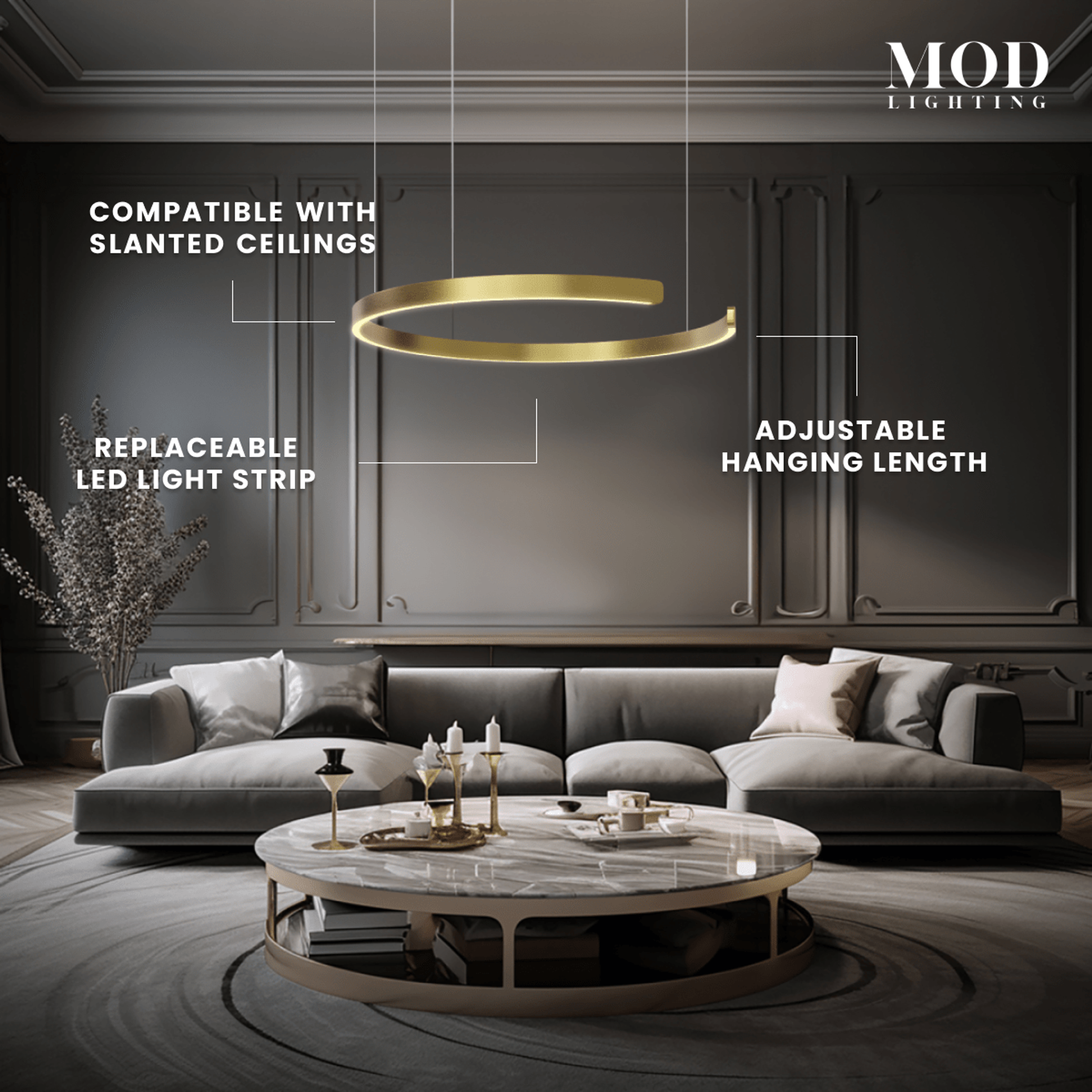 Ring chandelier in gold, open circular band pendant lit over a sofa and marble coffee table in a living room