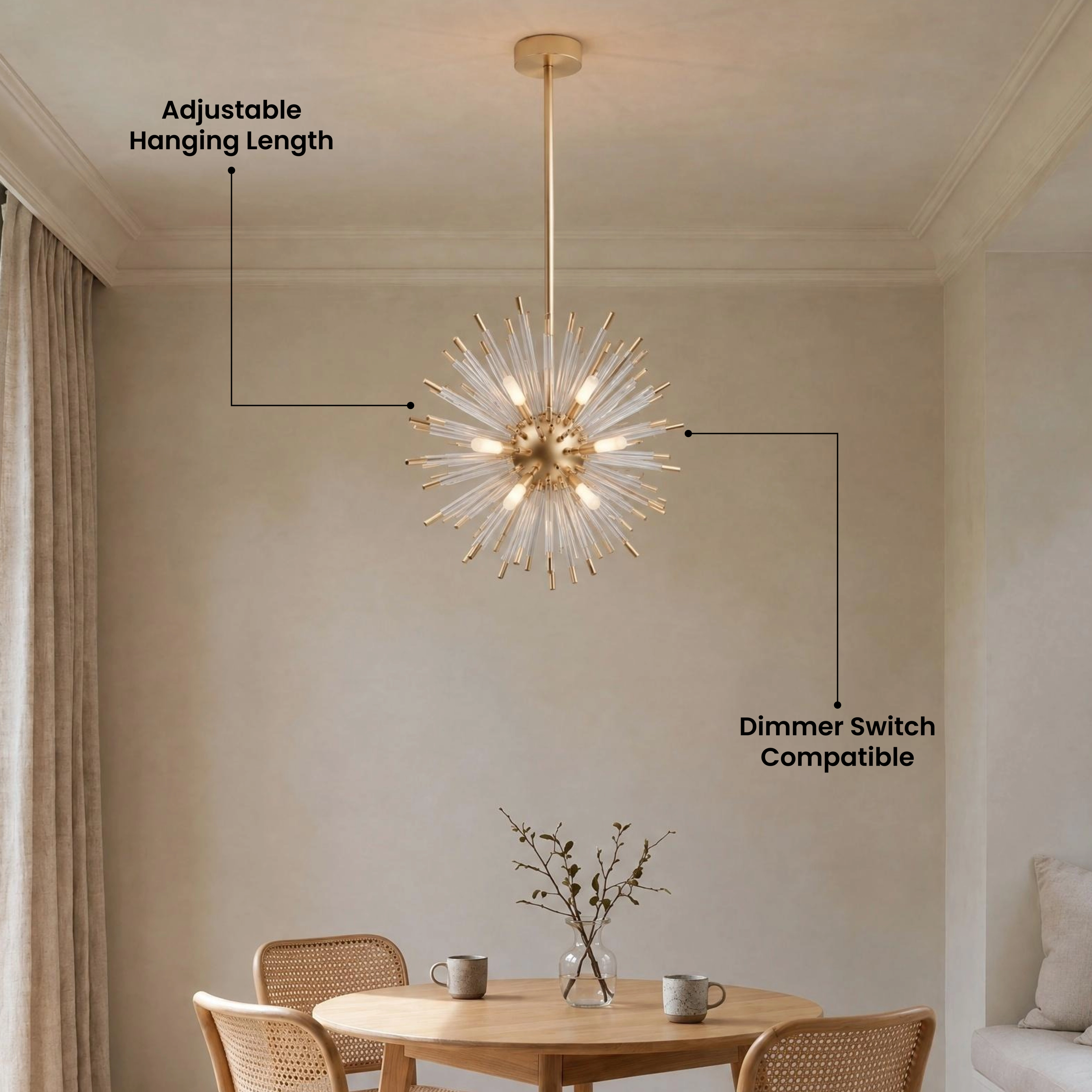 Pixie gold sputnik chandelier with glass-rod spokes over a dining nook beside a customer review card