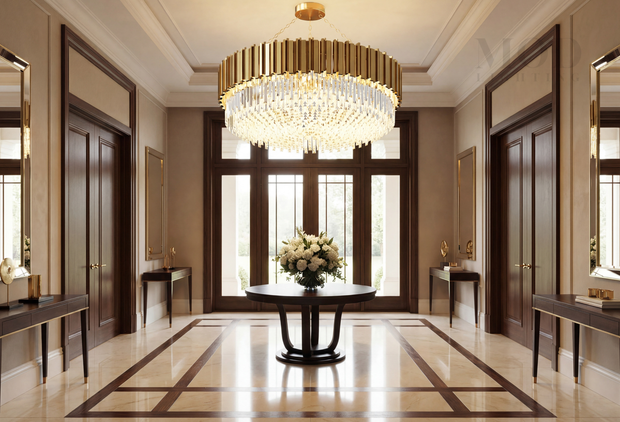 Contemporary luxe entryway with gold chandelier and marble flooring
