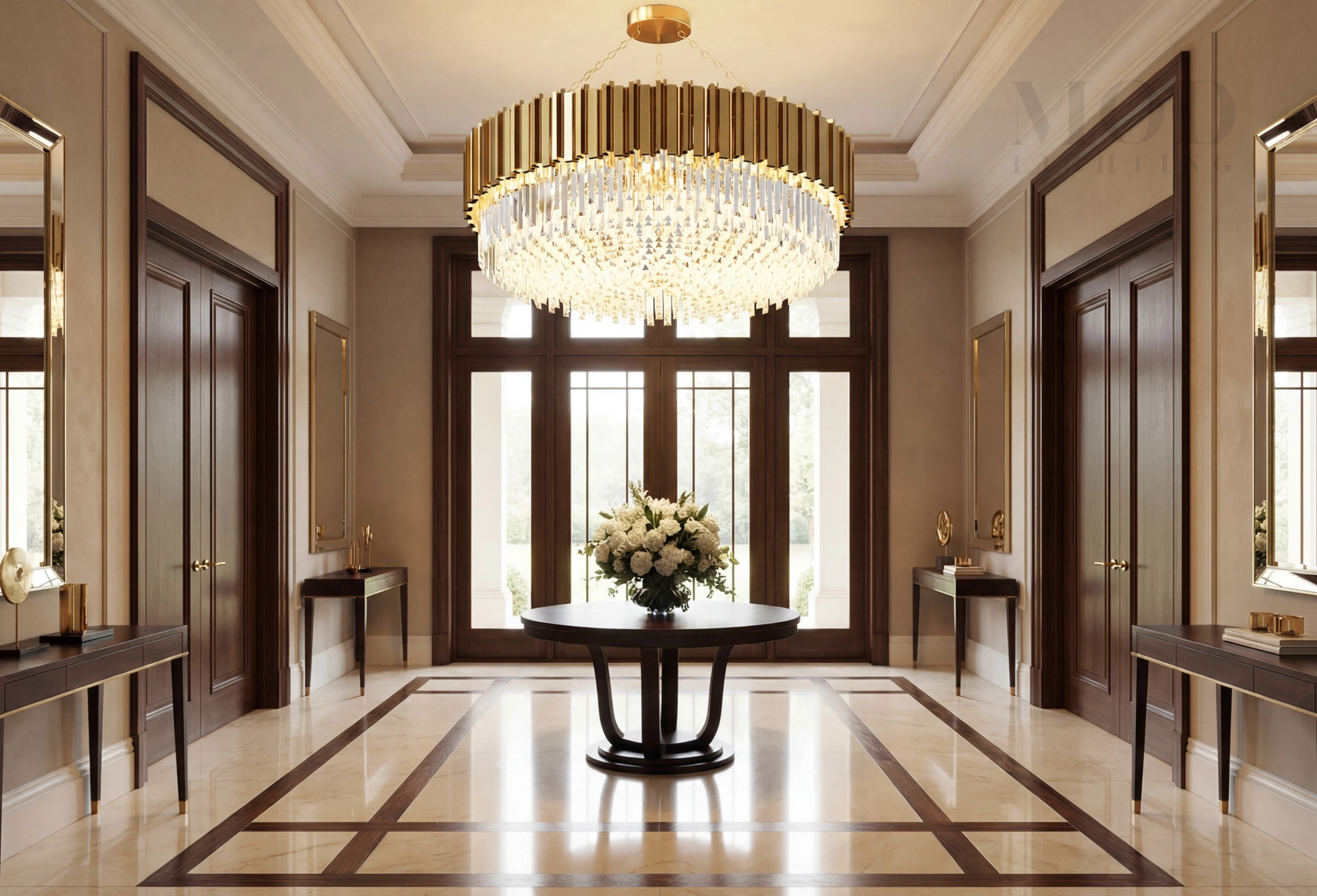 Contemporary luxe entryway with gold chandelier and marble flooring