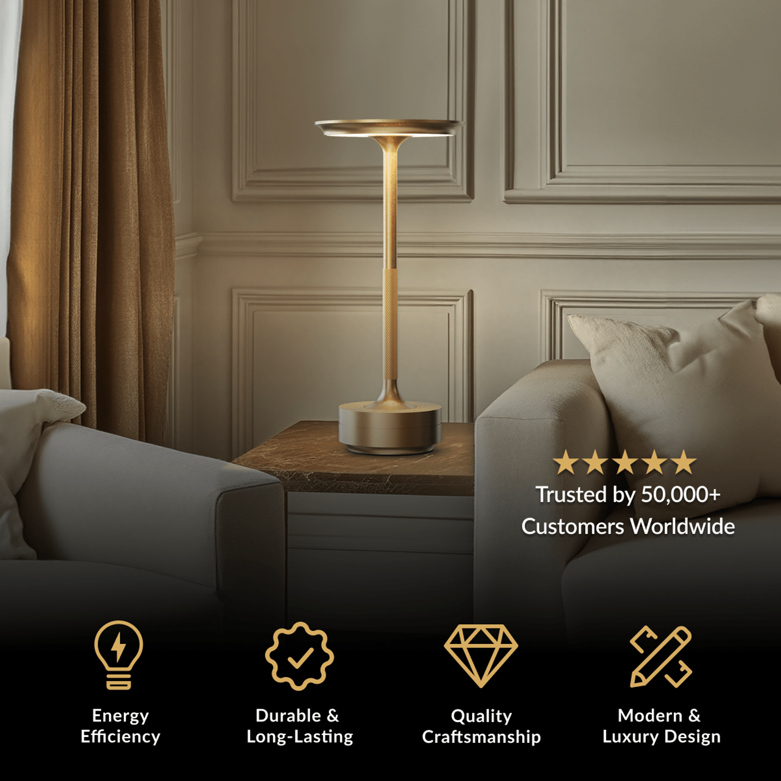 Aris rechargeable table lamp, gold cordless lamp with disc top on a side table