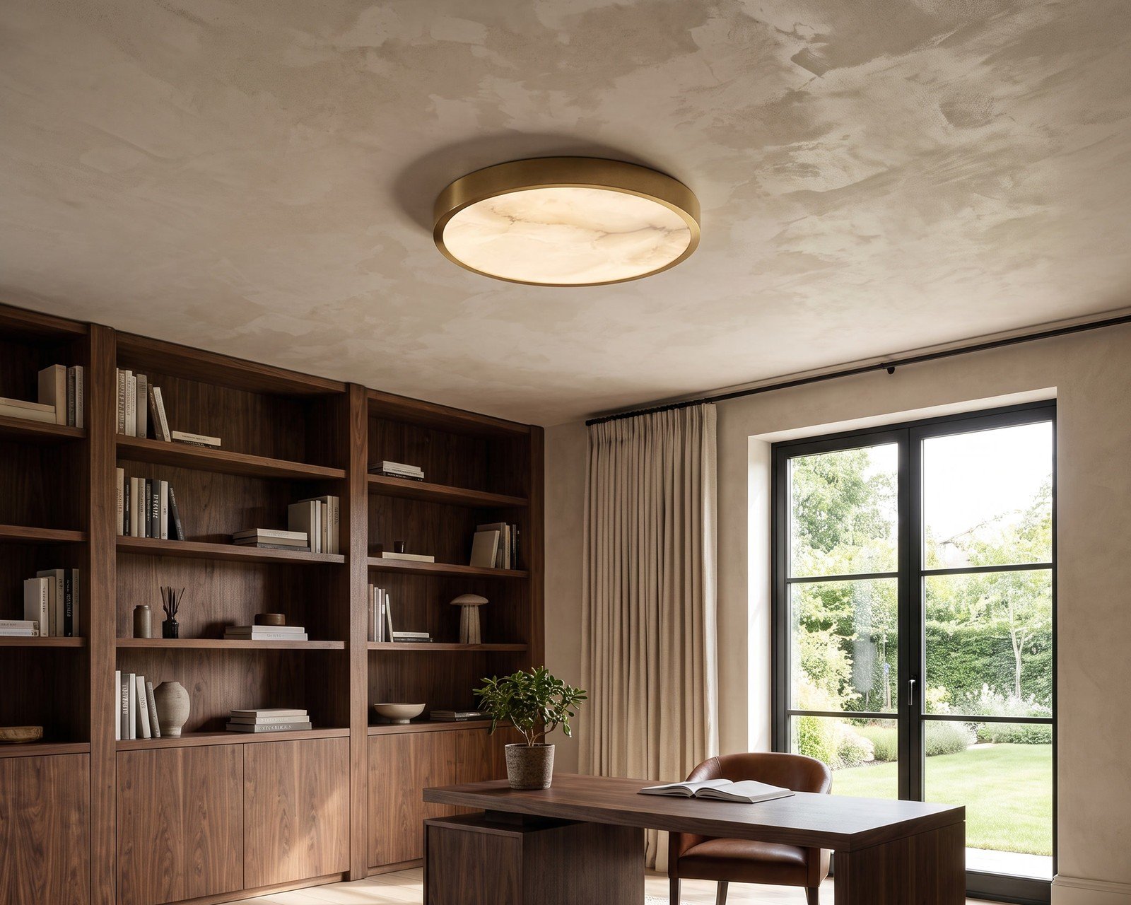 A flush ceiling light in a home office