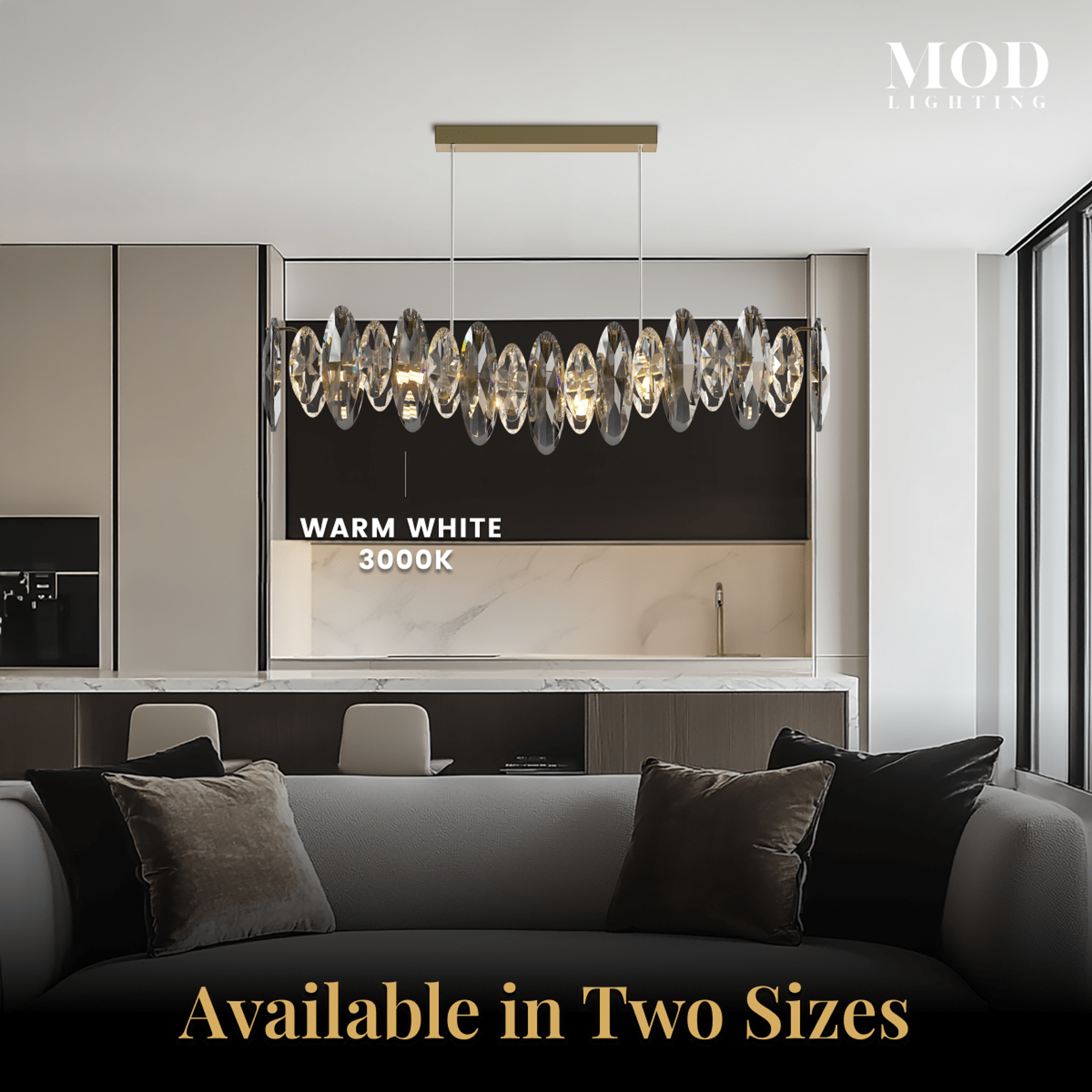 Celestial gold linear crystal pendant over a sofa in a beige living room, warm white 3000K, two sizes