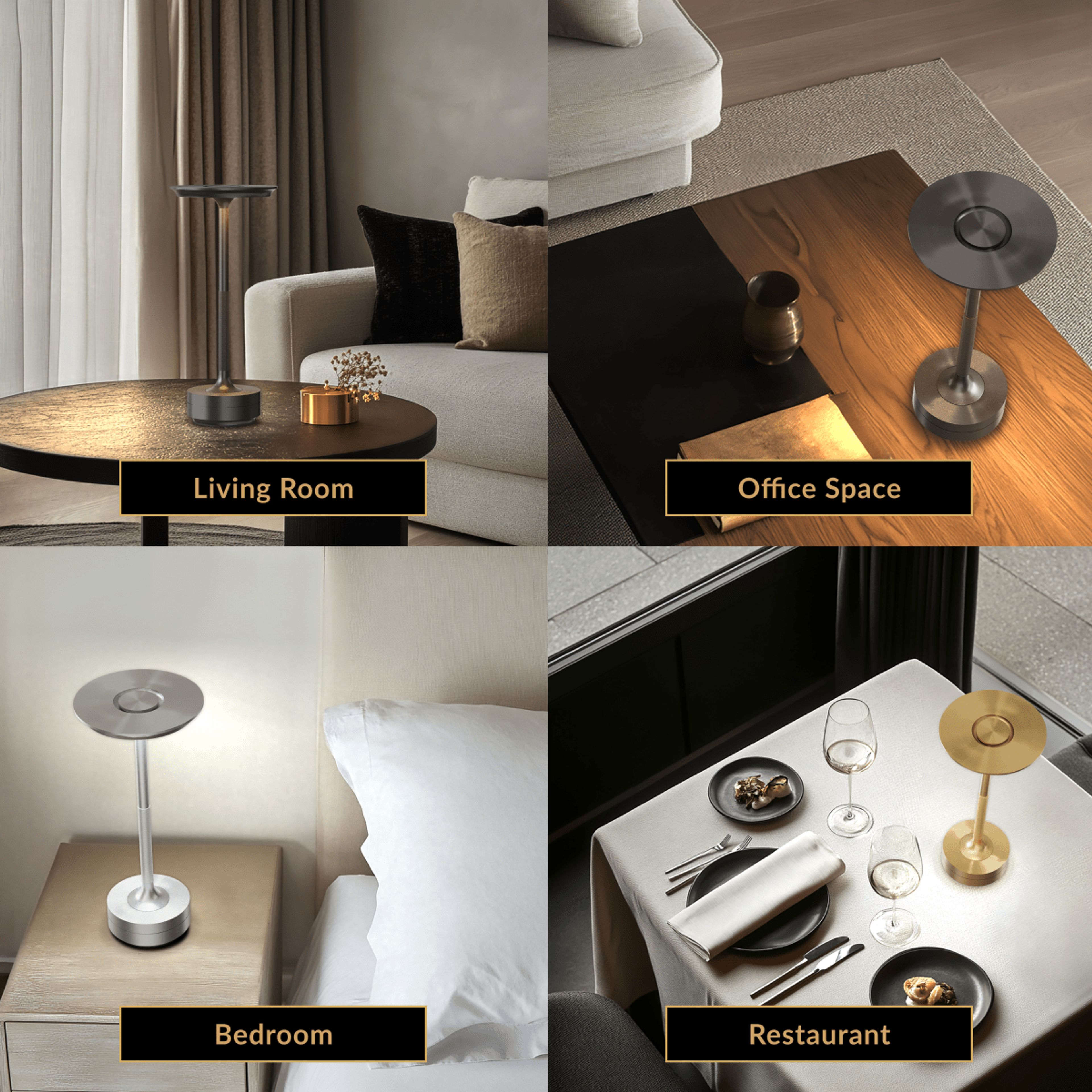 Aris rechargeable table lamp shown in living room, office, bedroom and restaurant settings
