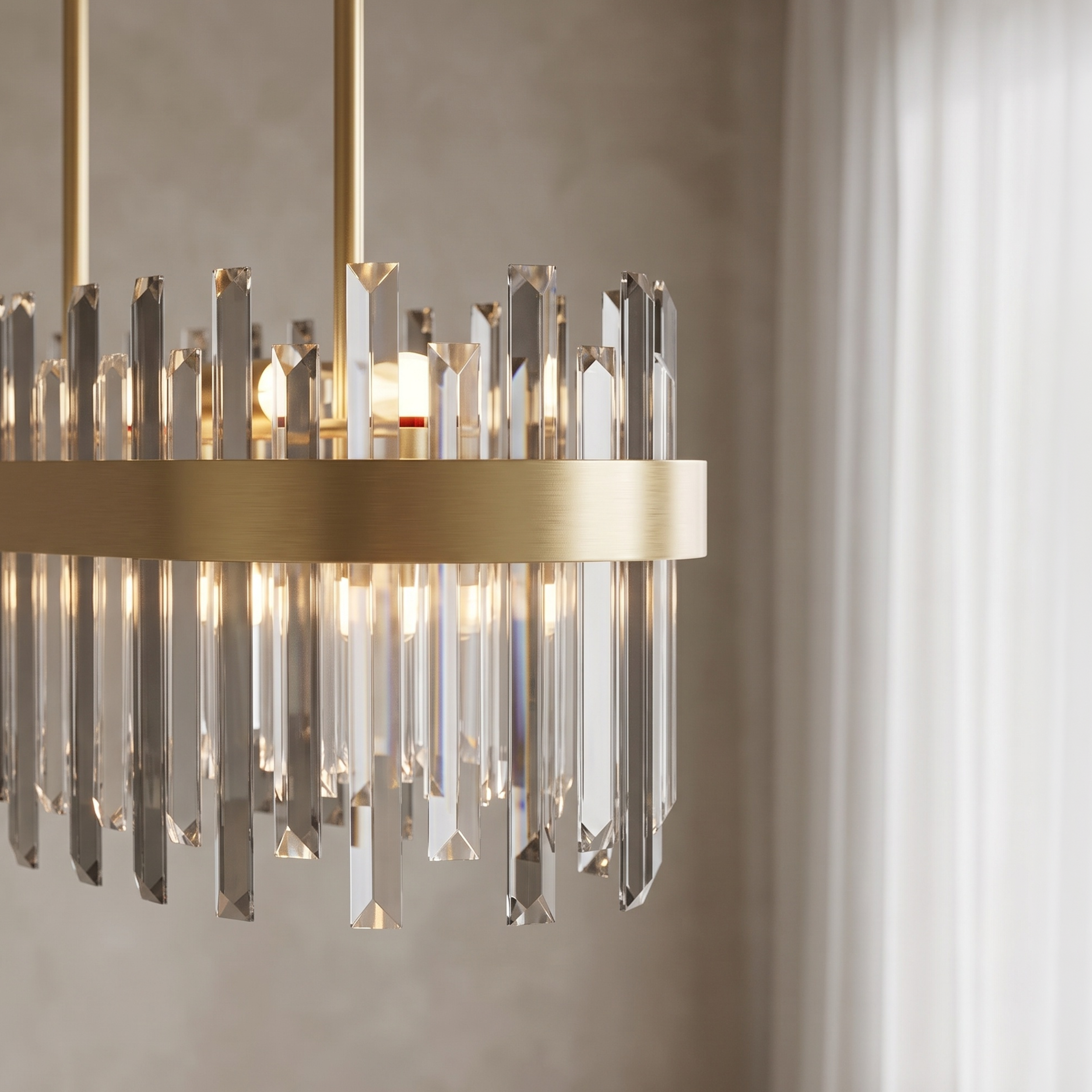 Topaz gold linear crystal bar pendant in warm white 3000K over a dining table, available in two sizes