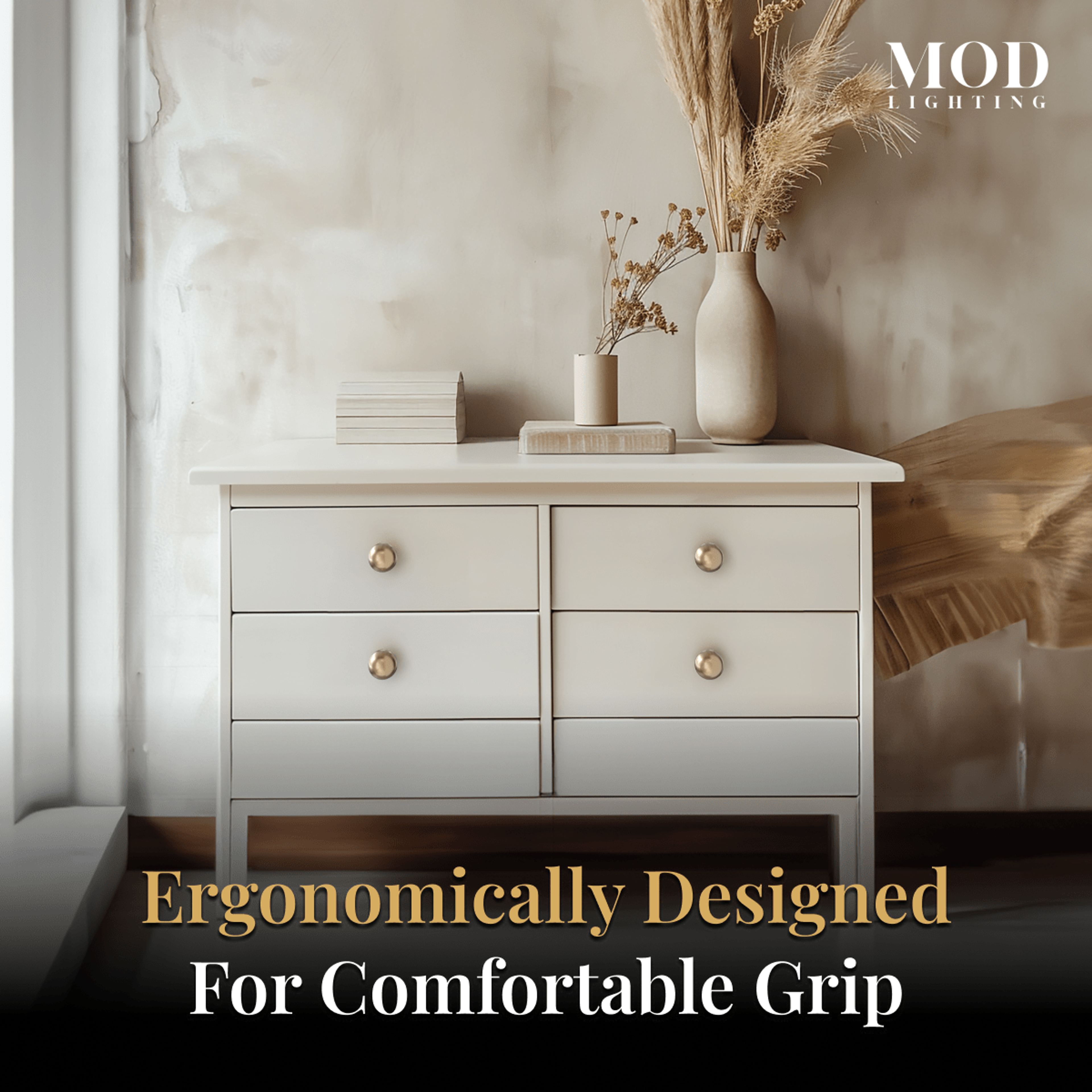 Rochelle brushed-gold spherical cabinet knobs on a taupe dresser drawer, with a five-star customer review card