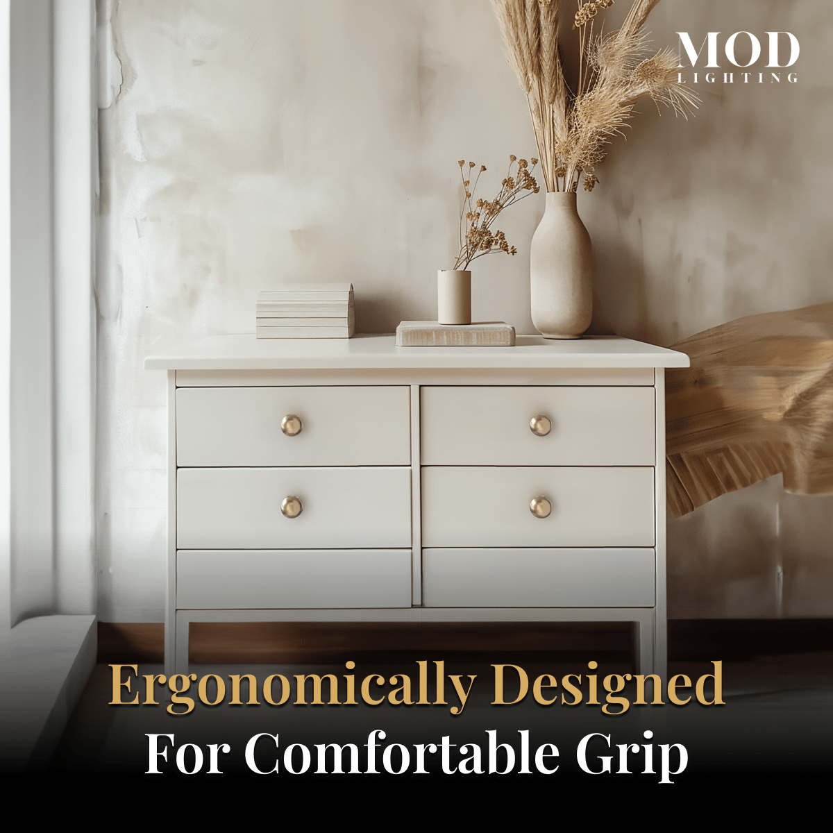 Rochelle brushed-gold spherical cabinet knobs on a taupe dresser drawer, with a five-star customer review card